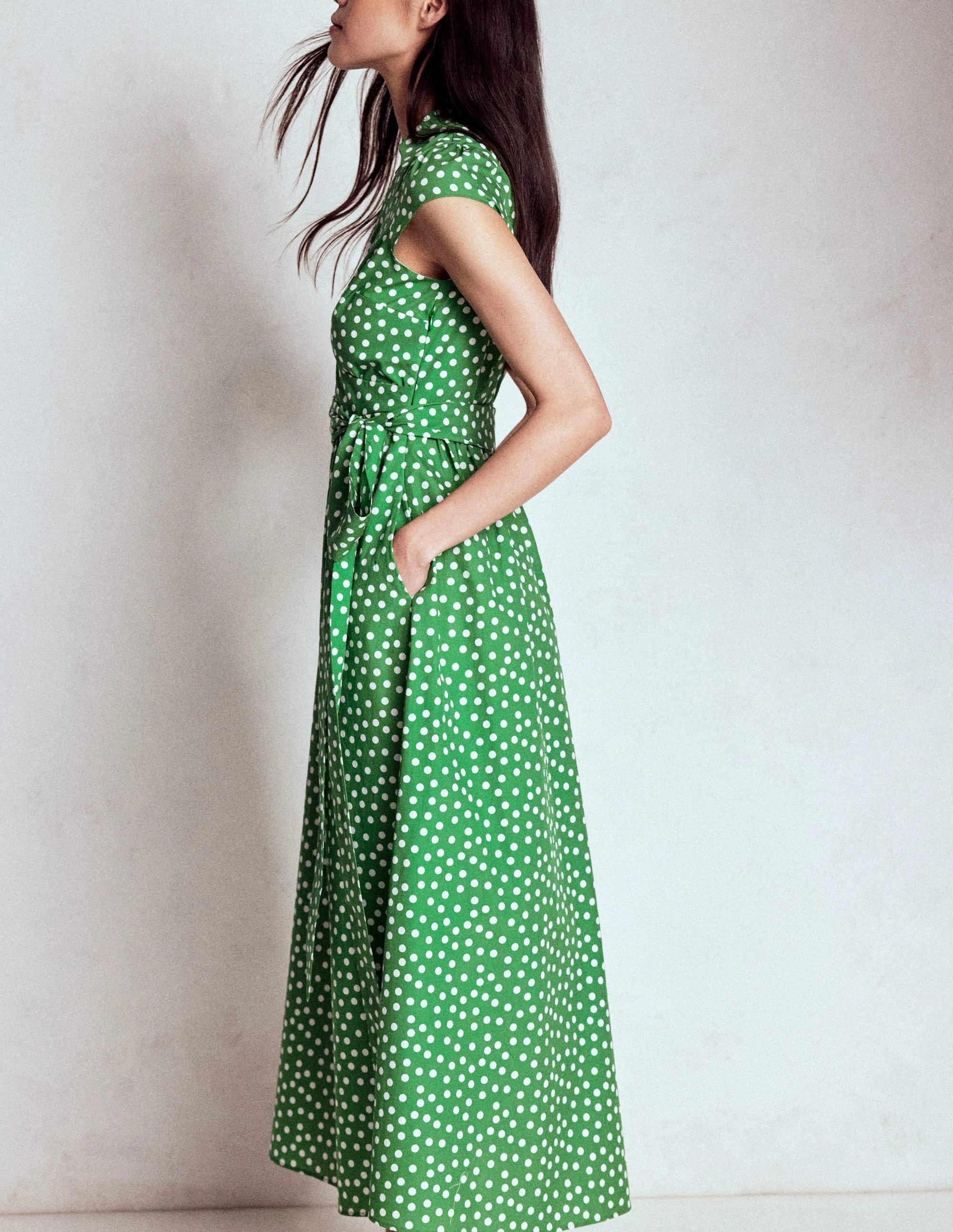 Trend Movement Julia Cotton Wrap Midi Dress-Highland Green, Painted Dot