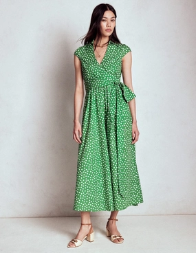 Pose Glow Relaxed Waist Fit Julia Cotton Wrap Midi Dress-Highland Green, Painted Dot
