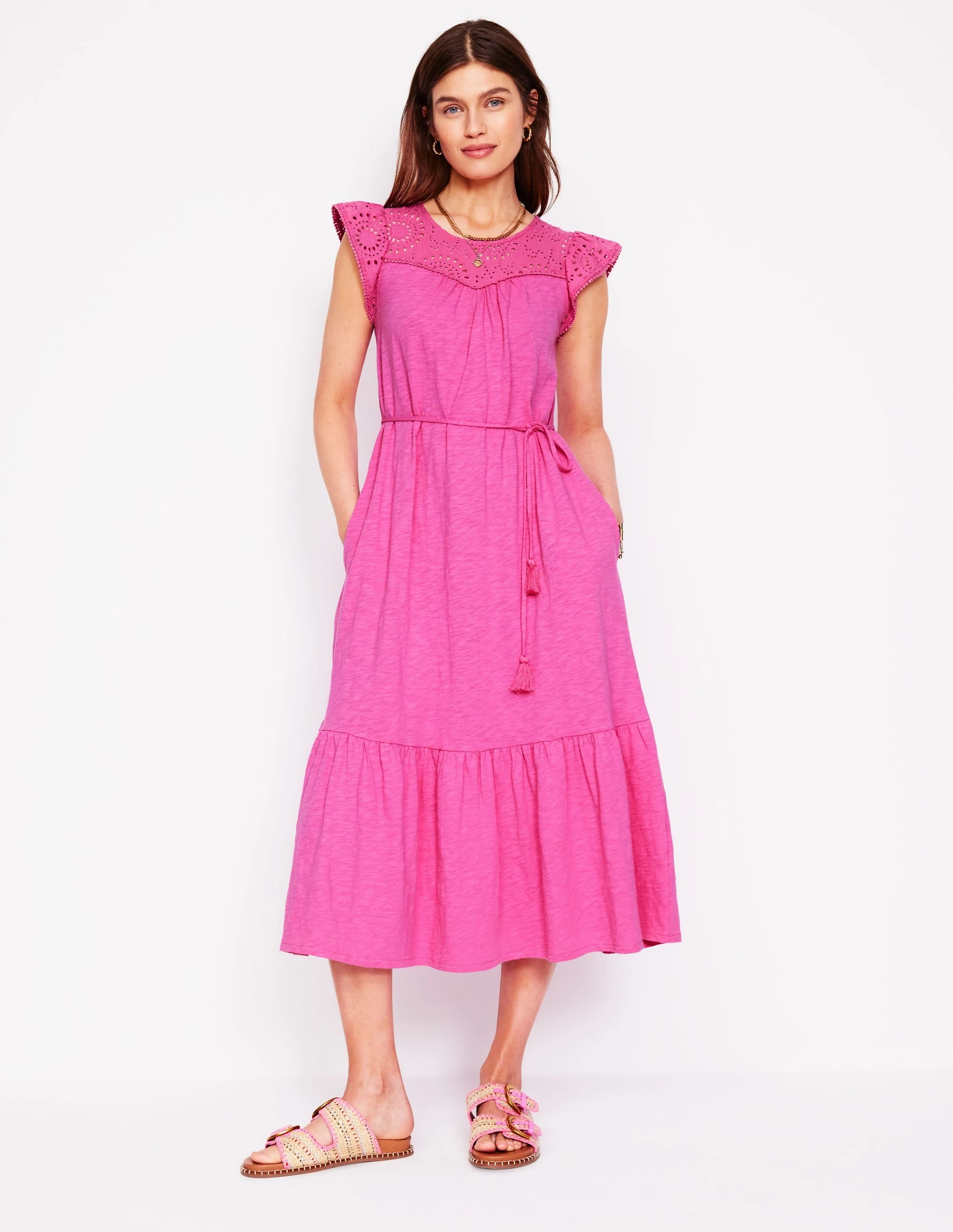 Flowing Layers Juliet Broderie Midi Dress-Tickled Pink