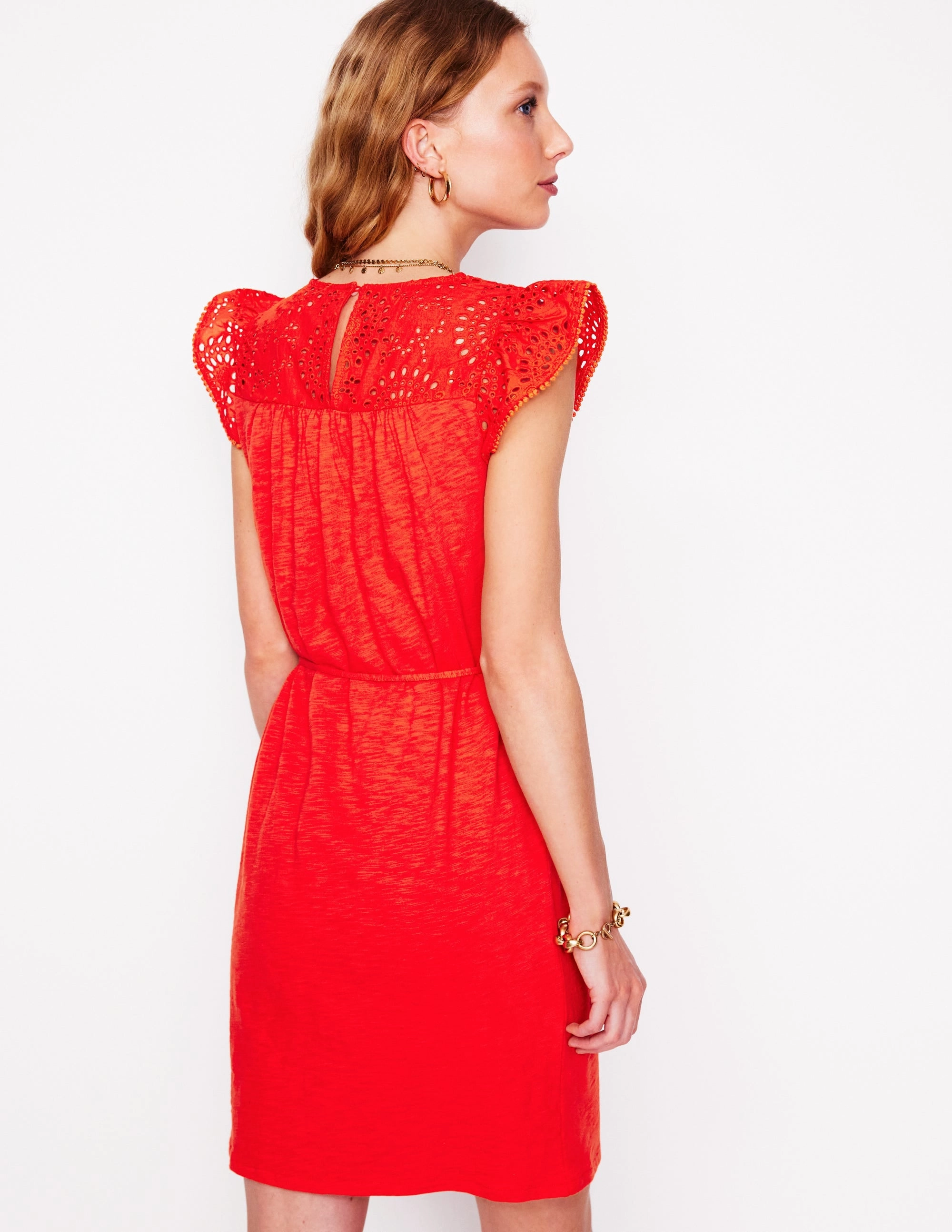 Juliet Broderie Short Dress-FireCracker Red Versatile Layering Kind Light