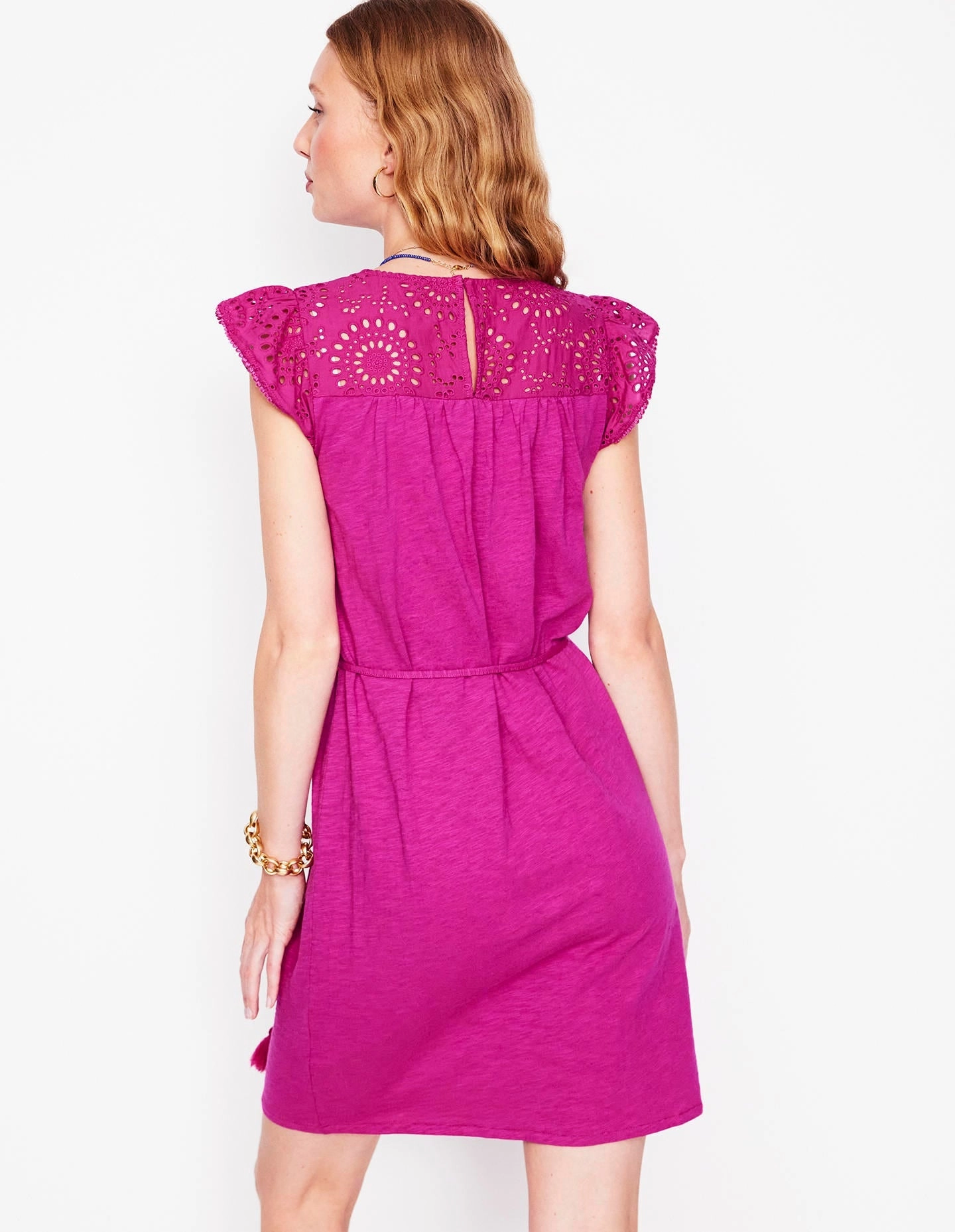Flared-Hem Juliet Broderie Short Dress-Fuchsia