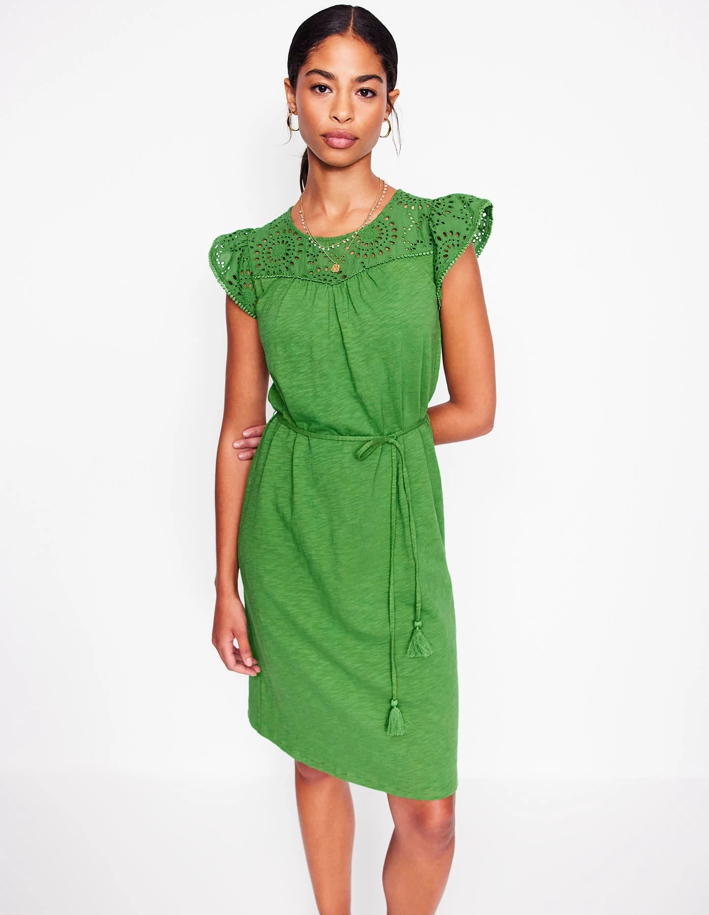 spring outfit Balanced Texture Juliet Broderie Short Dress-Paradise Green