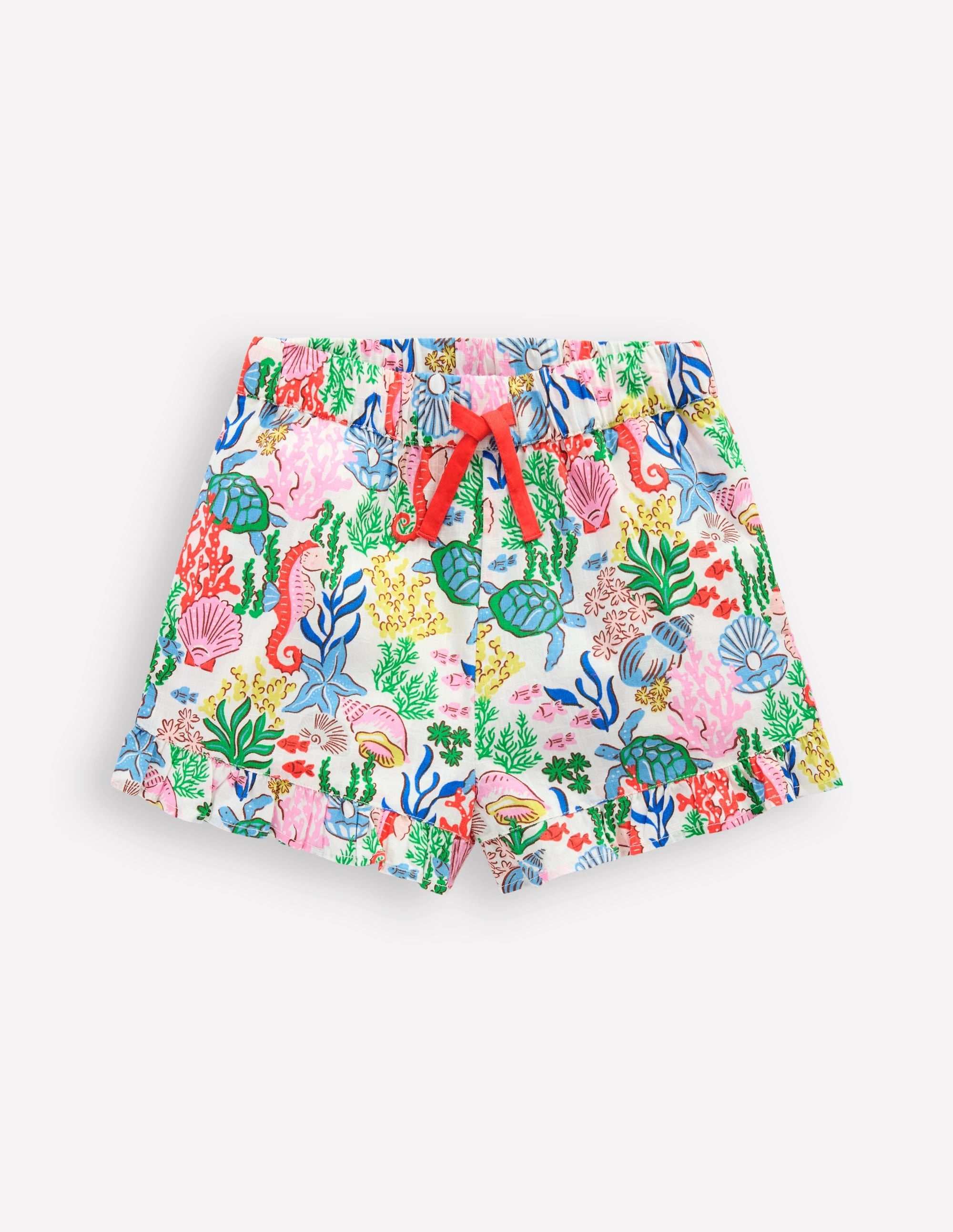 snap closure Quick Layer Fit Juniper Woven Frill Shorts-Multi Coral Cove