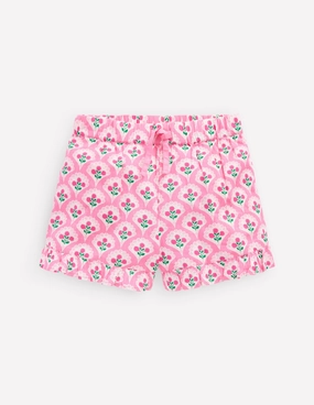 Juniper Woven Frill Shorts-Pink Rose Woodblock Floral Active Layer Fit Flexible Mobility