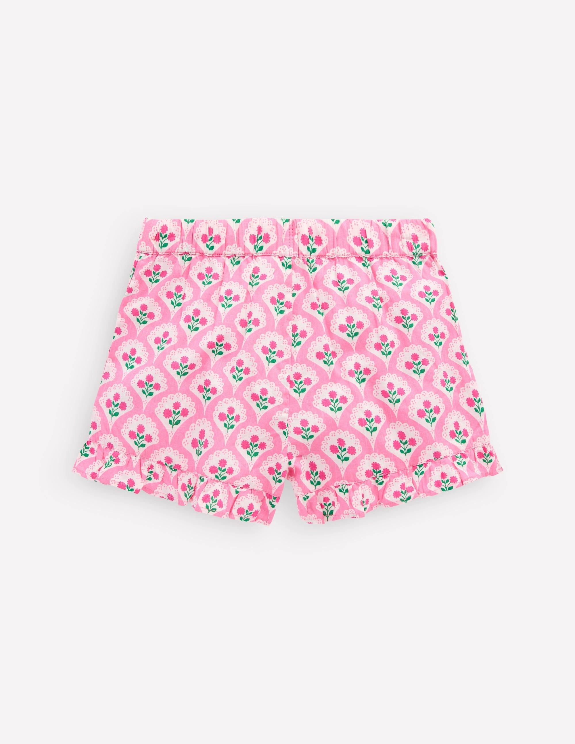 Juniper Woven Frill Shorts-Pink Rose Woodblock Floral Reinforced Hemlines
