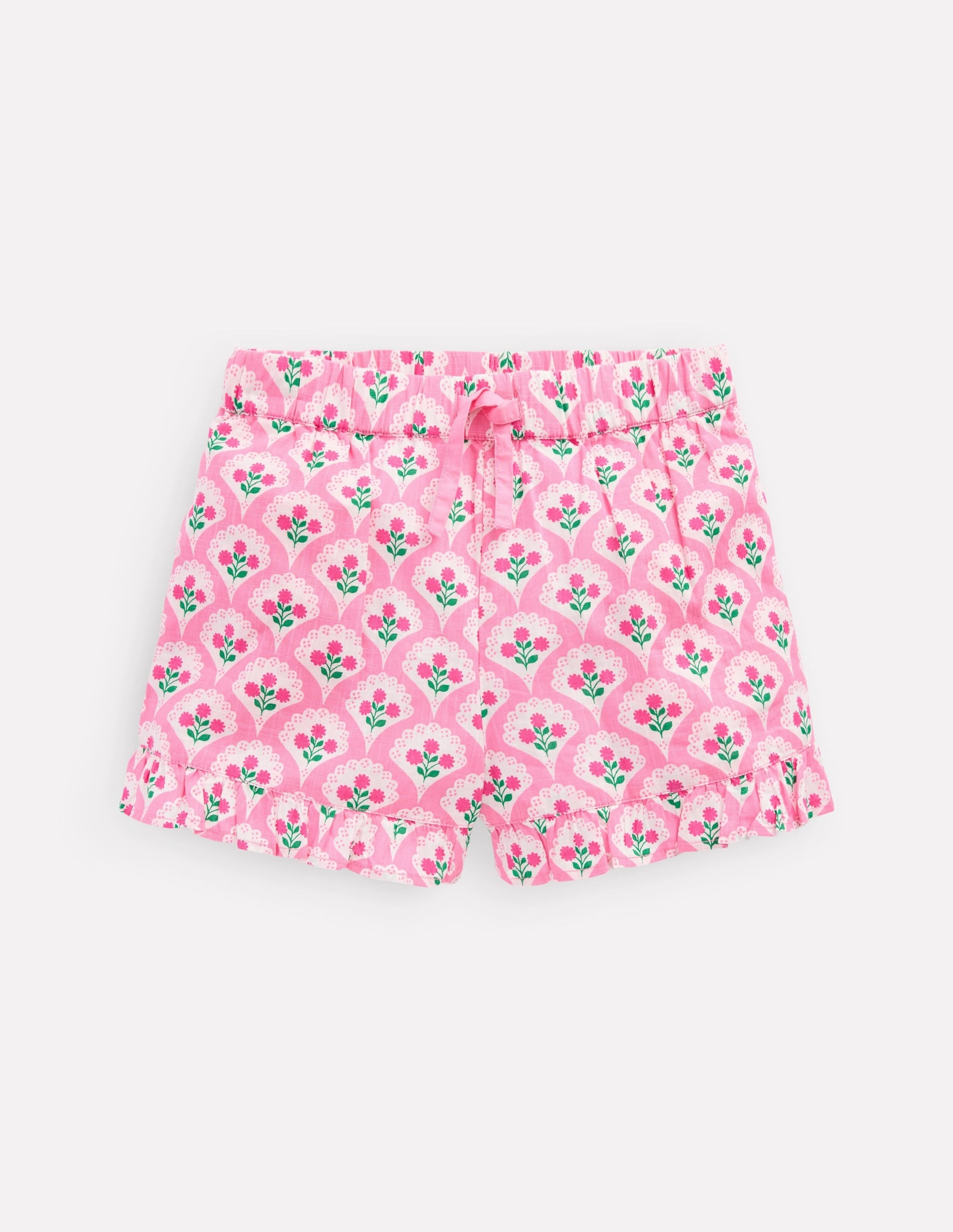 Juniper Woven Frill Shorts-Pink Rose Woodblock Floral Mid - rise Travel Ready