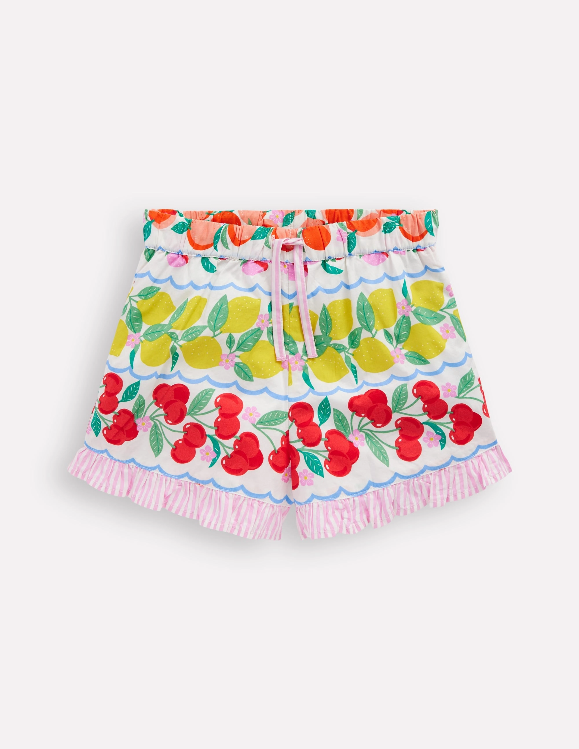 Anti Static Fabric elastic waistband Juniper Woven Frill Shorts-Rainbow Fruit Stripe