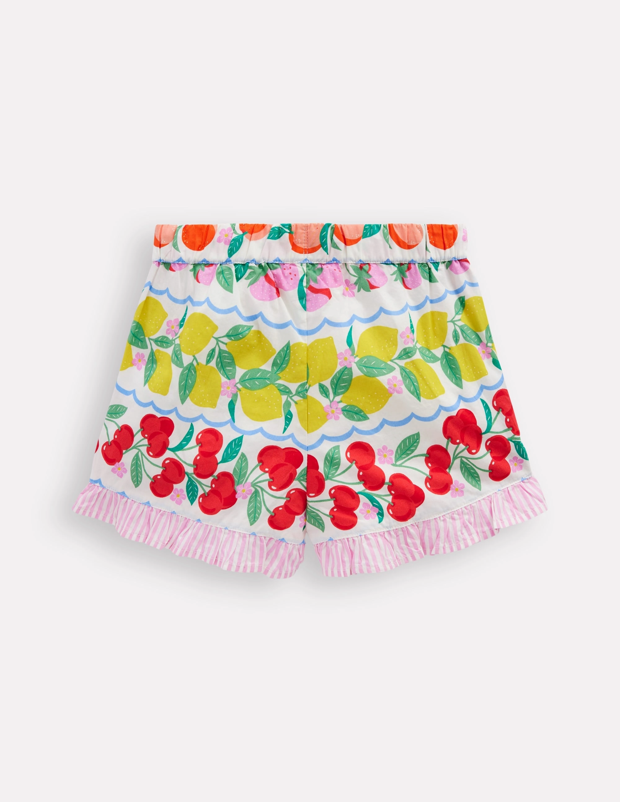 Juniper Woven Frill Shorts-Rainbow Fruit Stripe Beach Vibes