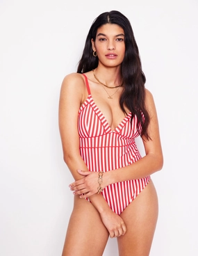 Kasos String V Neck Swimsuit-Coral Punch/ Ivory Stripe Abdominal Compression Zone Wrinkle Free Fabric