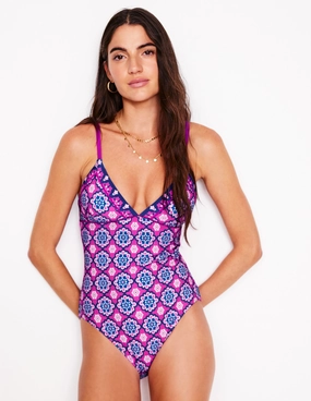 Kasos String V Neck Swimsuit-Cosmos Pink, Geo Snag Resistant Fabric Sand resistant