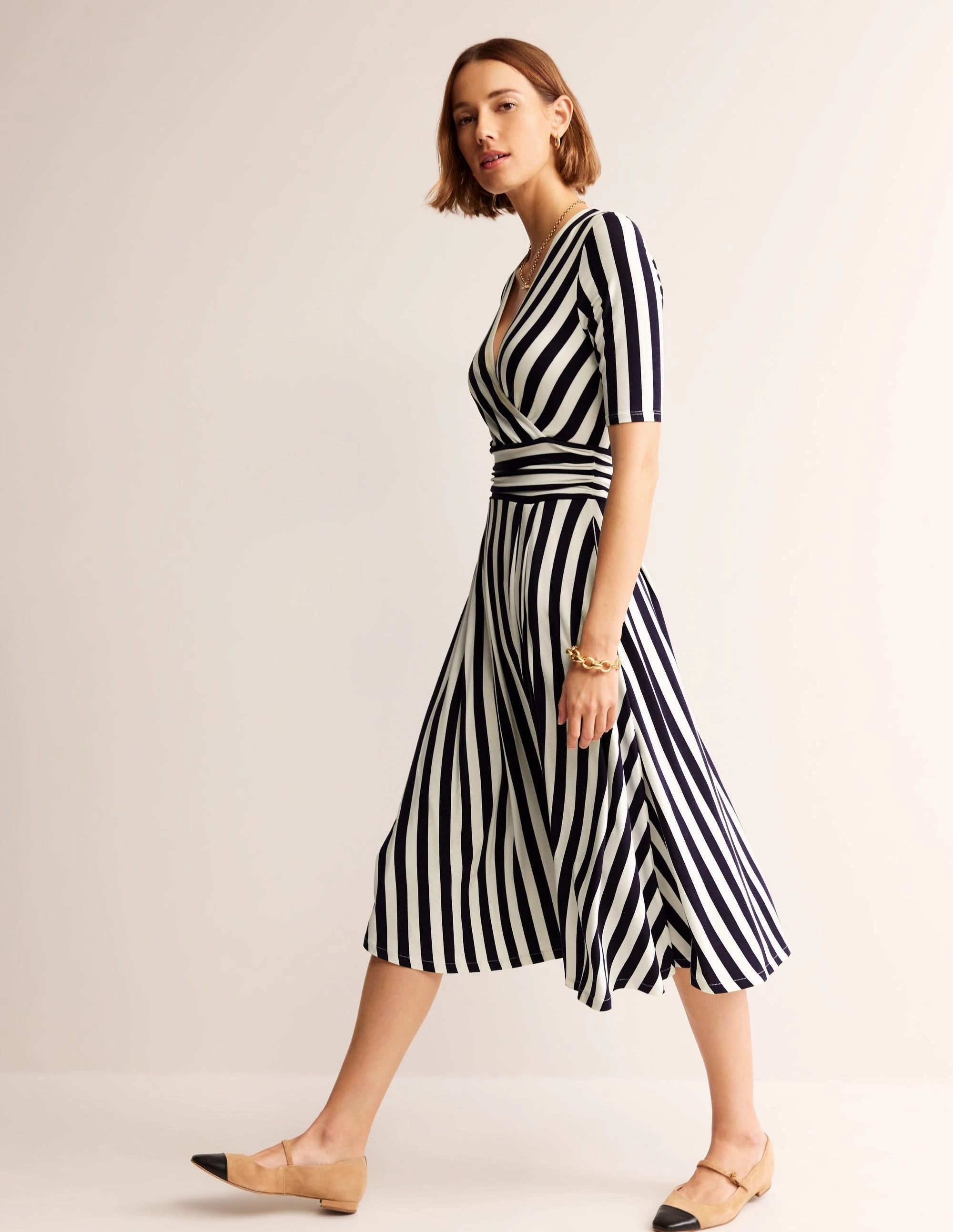 Kassidy Jersey Midi Dress-French Navy, Ivory Stripe Matte Fabric Soft and Smooth