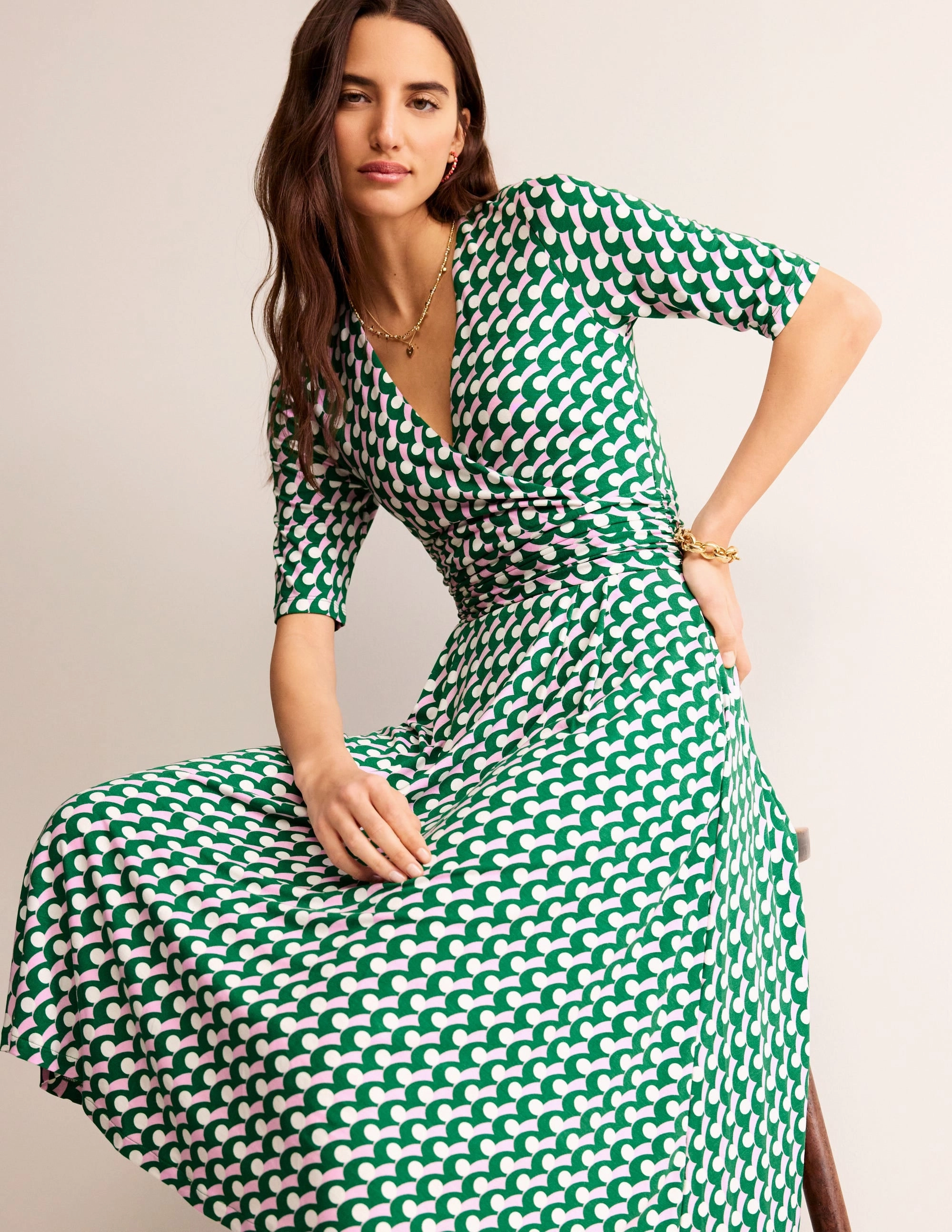 Elegant Appearance Kassidy Jersey Midi Dress-Green Tambourine, Polka Wave