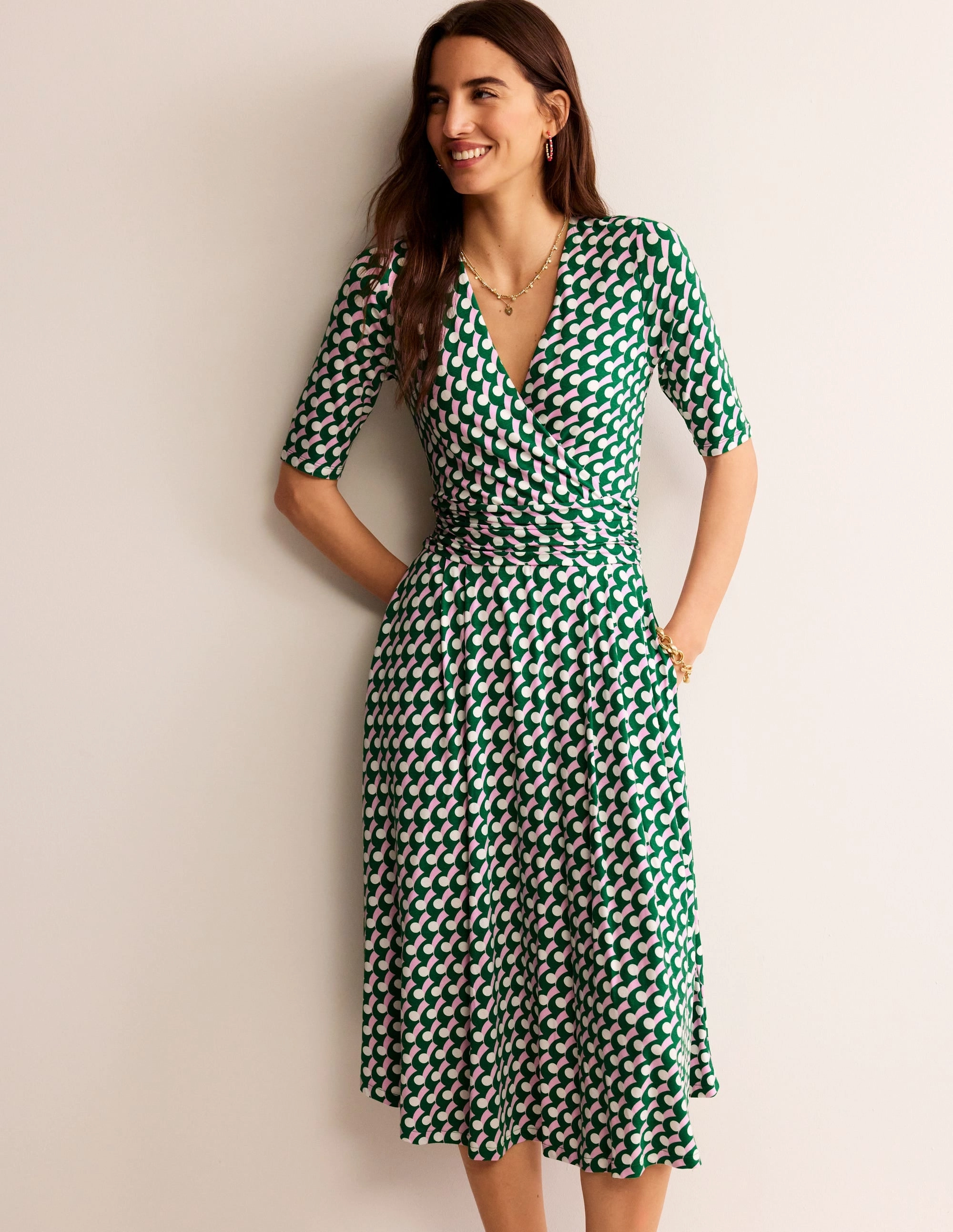 Glossy-Finish Kassidy Jersey Midi Dress-Green Tambourine, Polka Wave