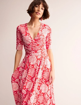 Kassidy Jersey Midi Dress-Poppy Red, Gardenia Swirl Patterned-Fabric