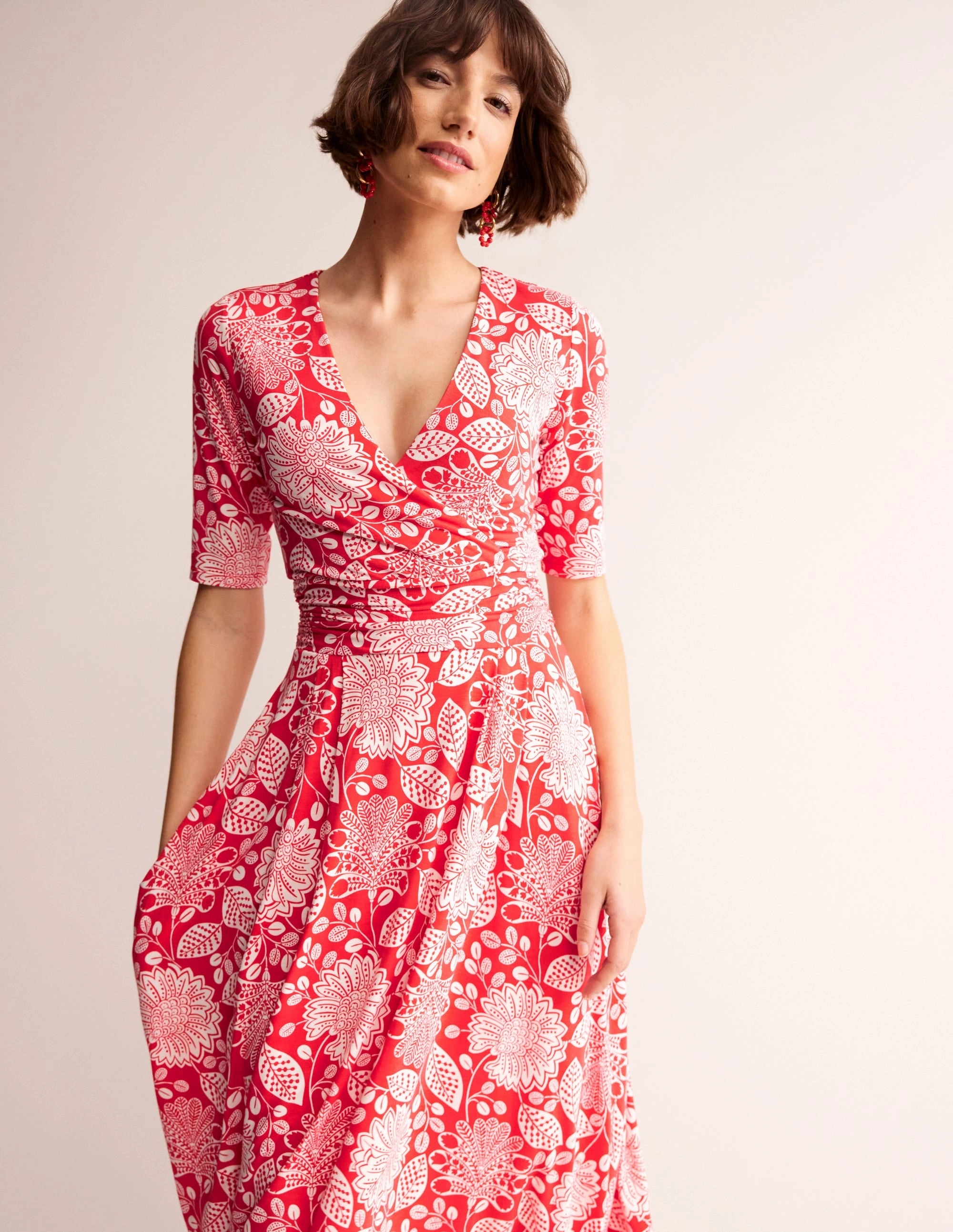 Kassidy Jersey Midi Dress-Poppy Red, Gardenia Swirl Patterned-Fabric