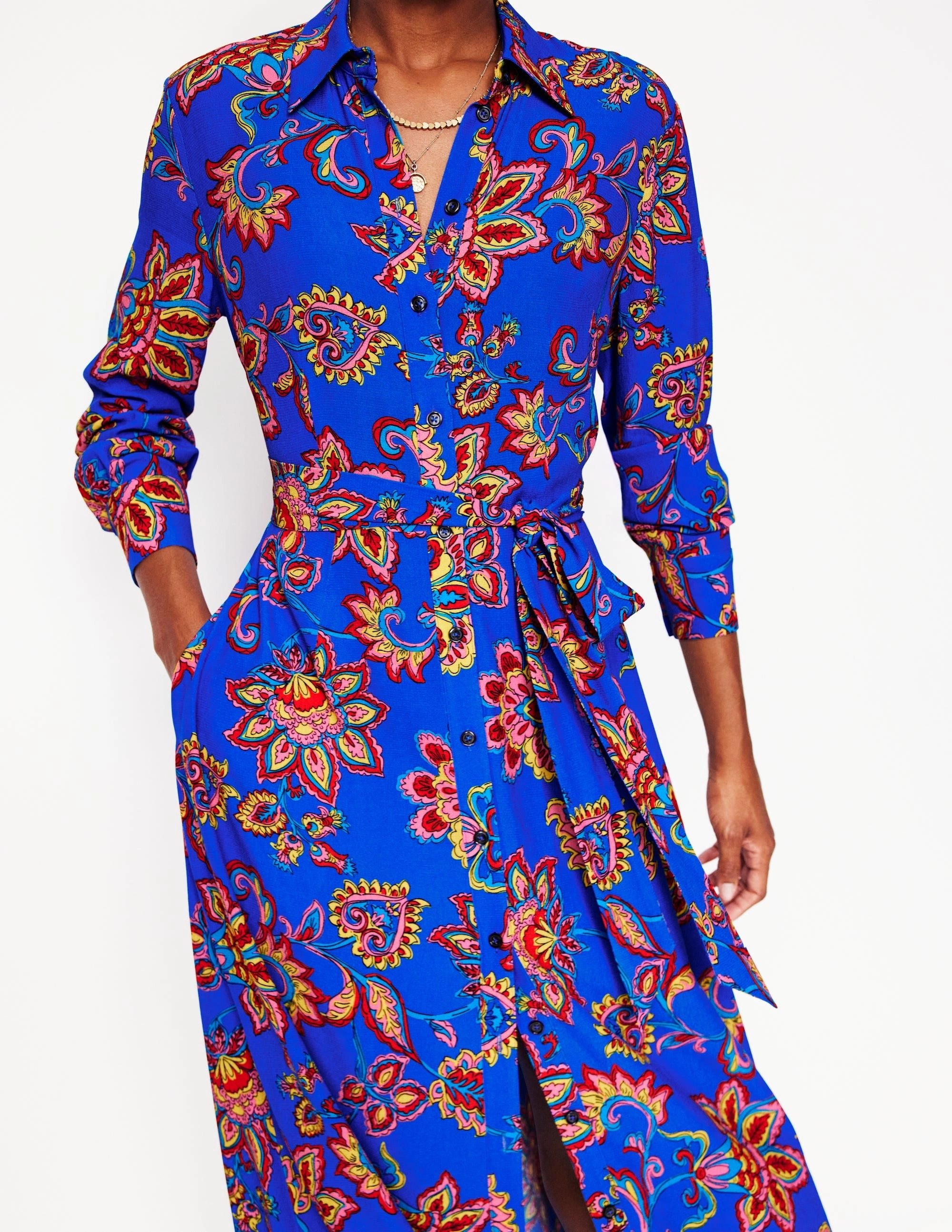 Kate Midi Shirt Dress-Gallery Blue, Whimsical Vine Silk Shine