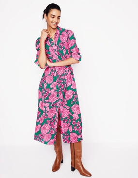 Kate Midi Shirt Dress-Green, Blossom Cascade Shiny-Lining