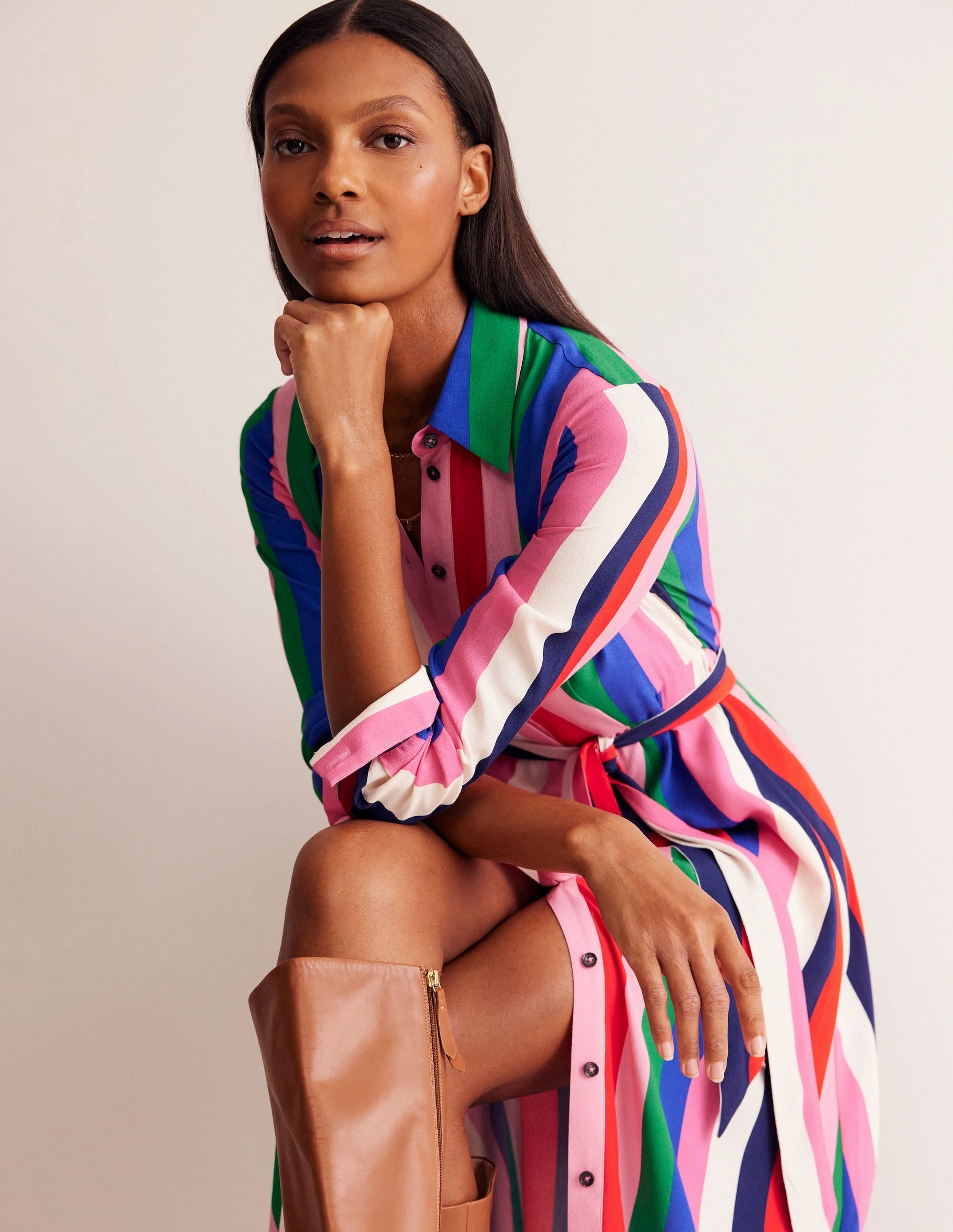 Empire-Waist Luxe style Kate Midi Shirt Dress-Rainbow Stripe