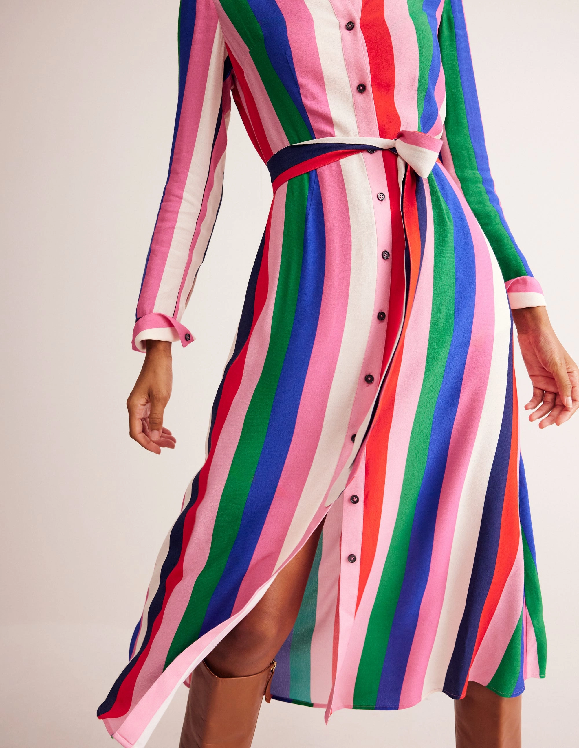 Kate Midi Shirt Dress-Rainbow Stripe Cute Touch Belt Waist