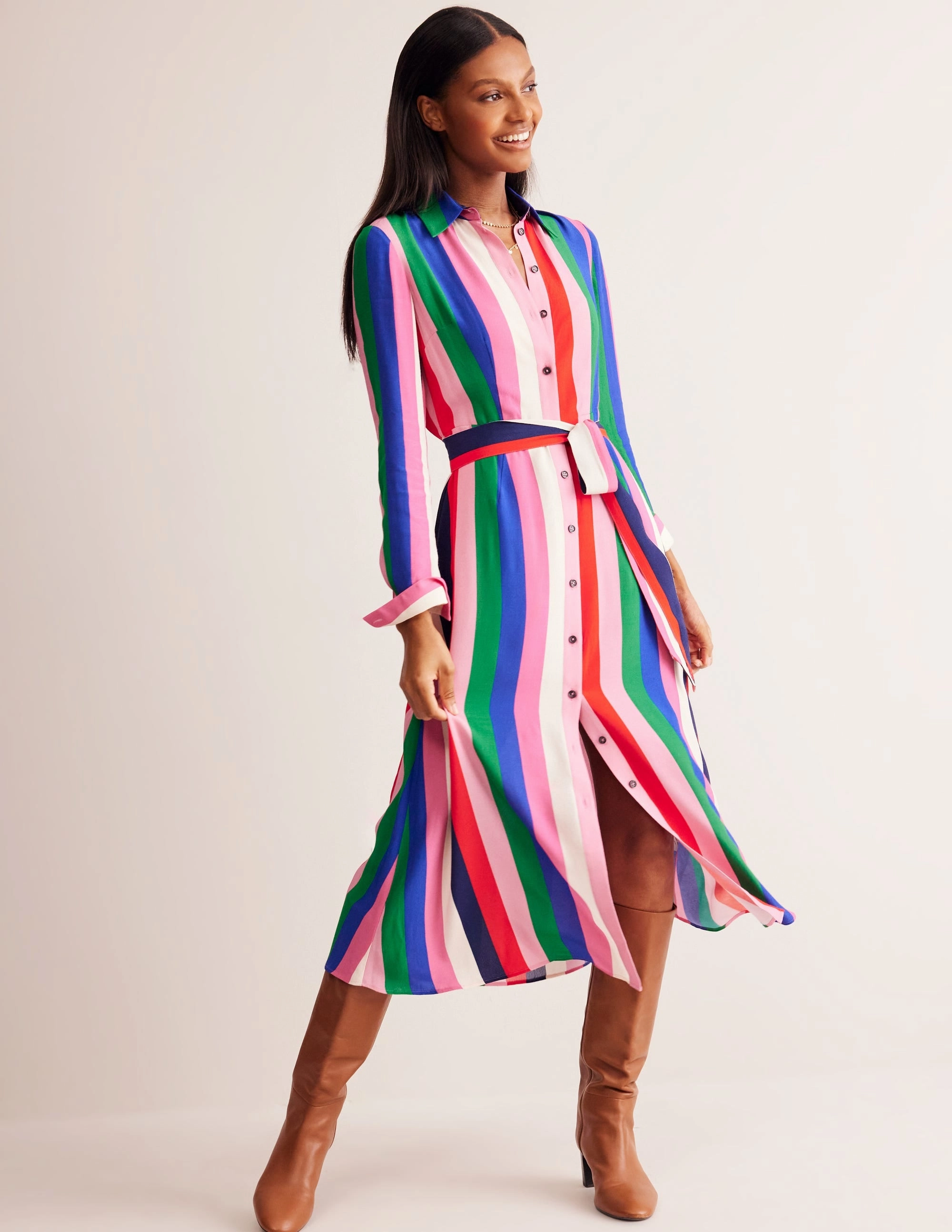 Vibrant color Beauty Zone Kate Midi Shirt Dress-Rainbow Stripe