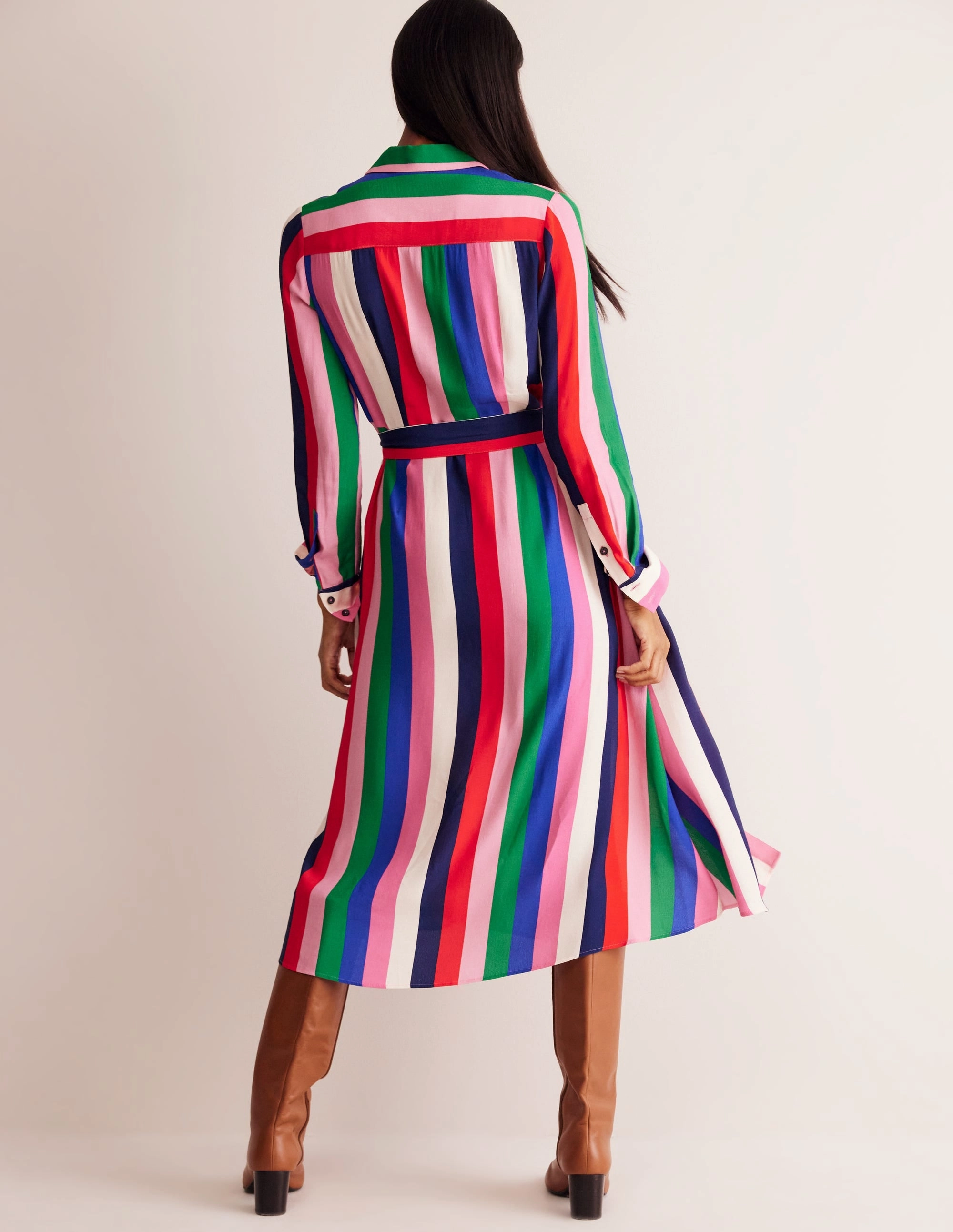 Kate Midi Shirt Dress-Rainbow Stripe Sleek Touch Trendy Vibe