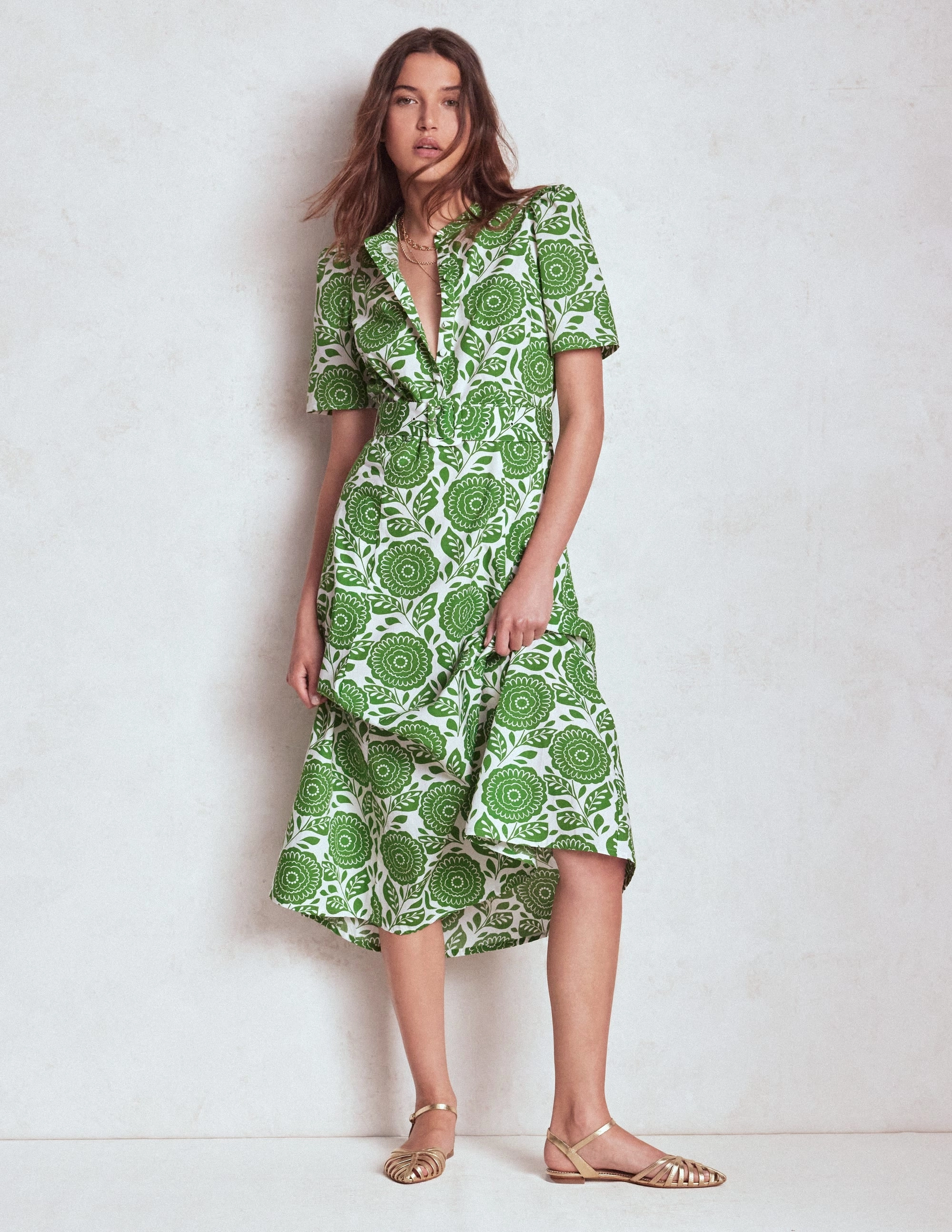 Formal Look Soft Layering Kate Puff Sleeve Belted Dress-Paradise Green, Dahlia Stamp