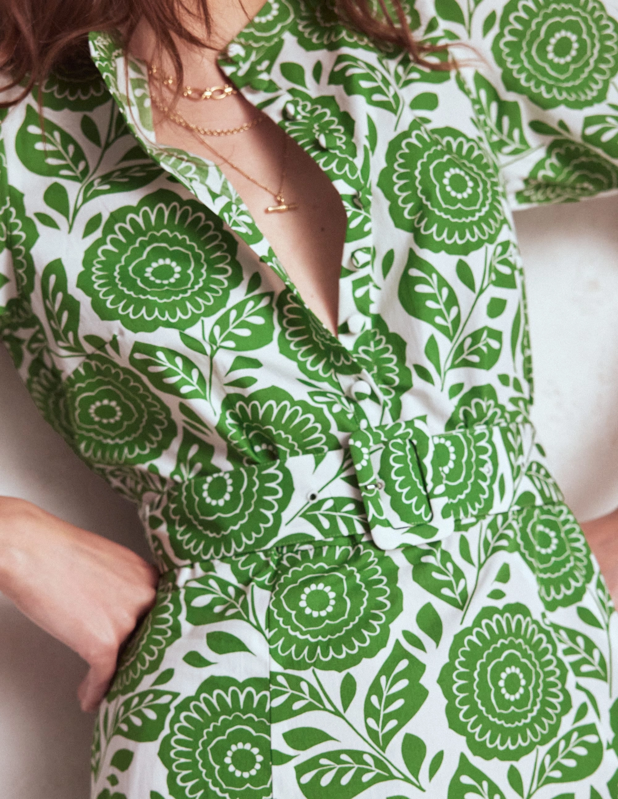 Seasonal Style Kate Puff Sleeve Belted Dress-Paradise Green, Dahlia Stamp