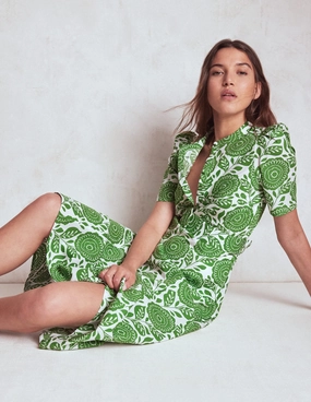 Casual Waist Satin Soft Kate Puff Sleeve Belted Dress-Paradise Green, Dahlia Stamp