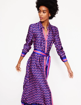 Kate Satin Shirt Dress-Mazarine Blue, Falling Geo Skin Hug