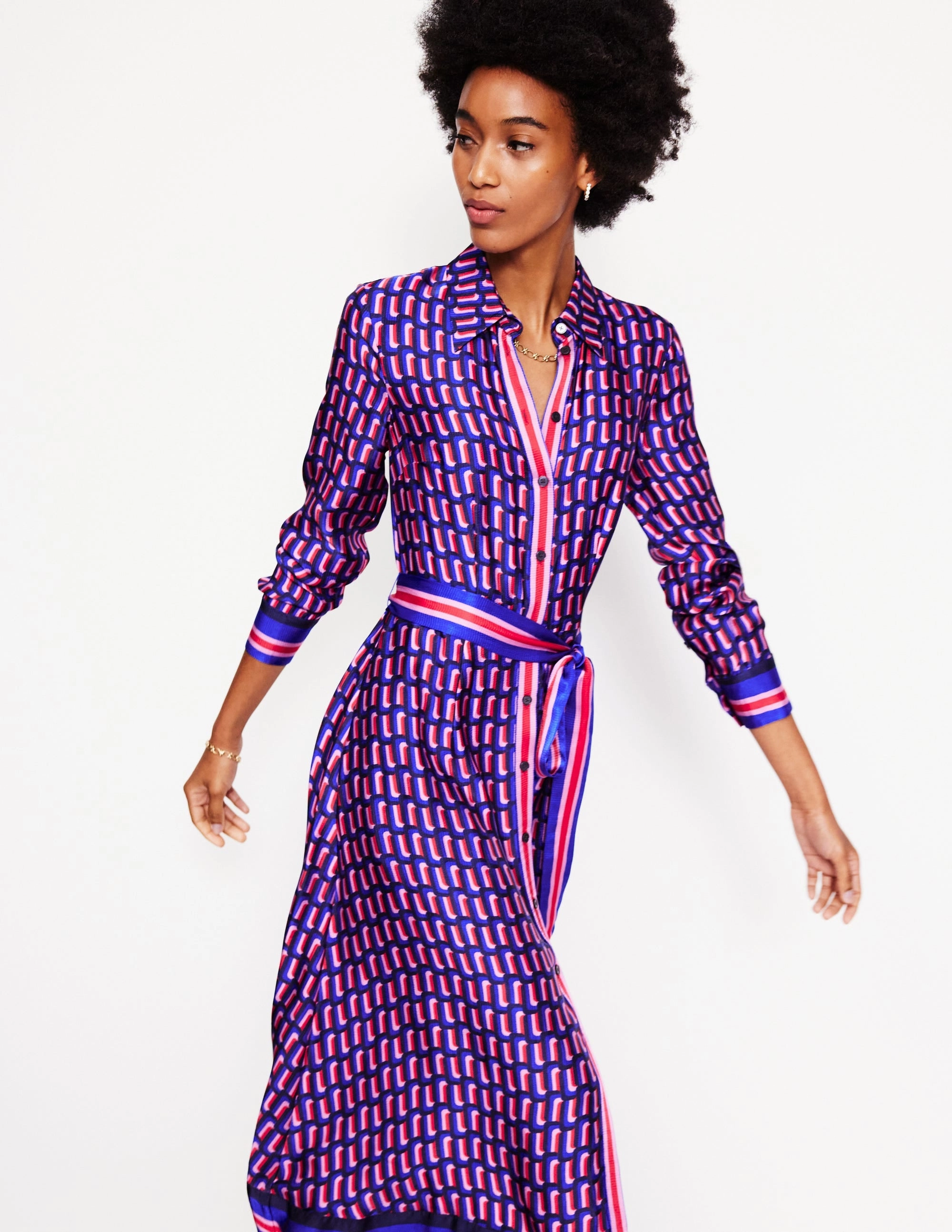 Kate Satin Shirt Dress-Mazarine Blue, Falling Geo Skin Hug