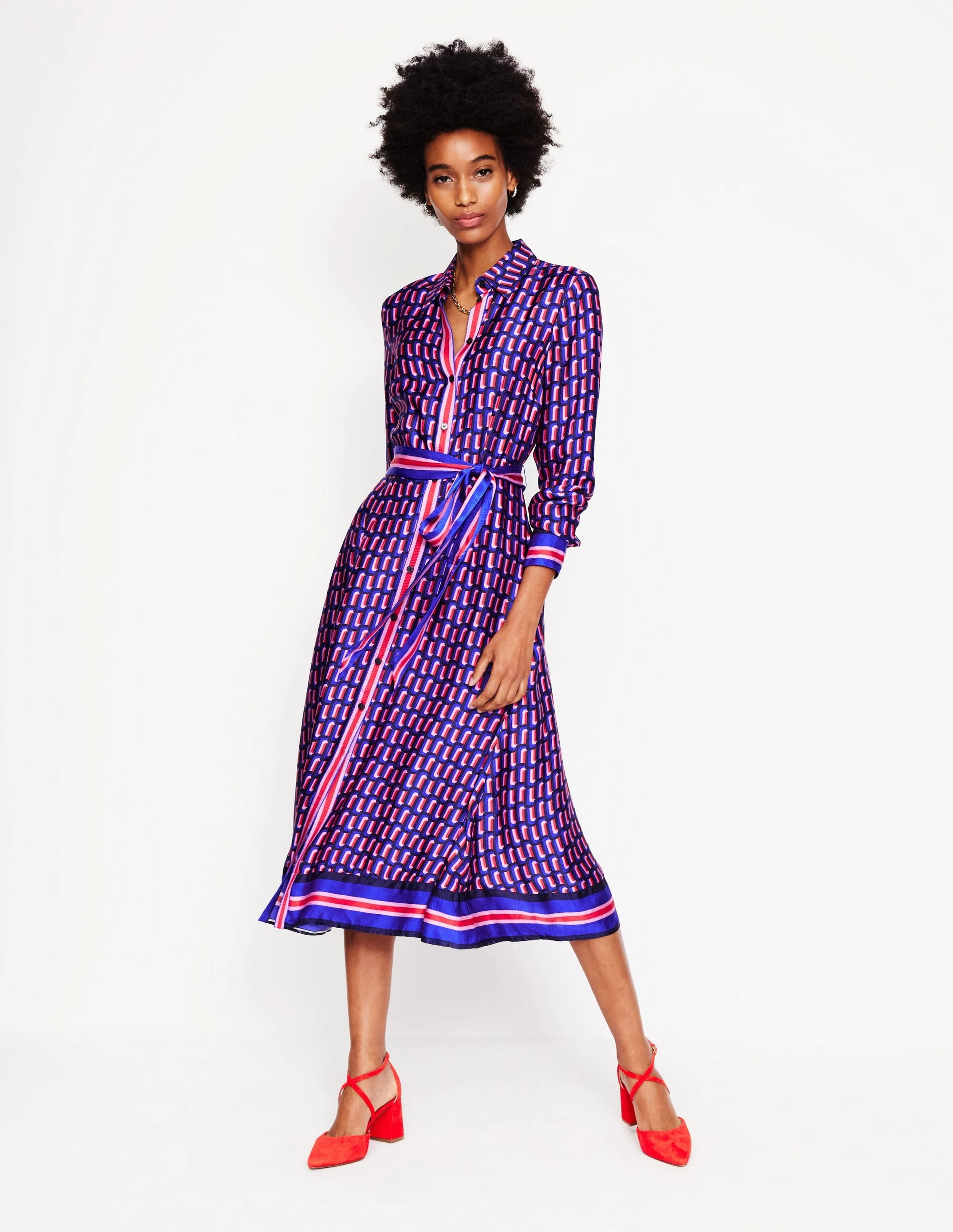 Kate Satin Shirt Dress-Mazarine Blue, Falling Geo Subtle design