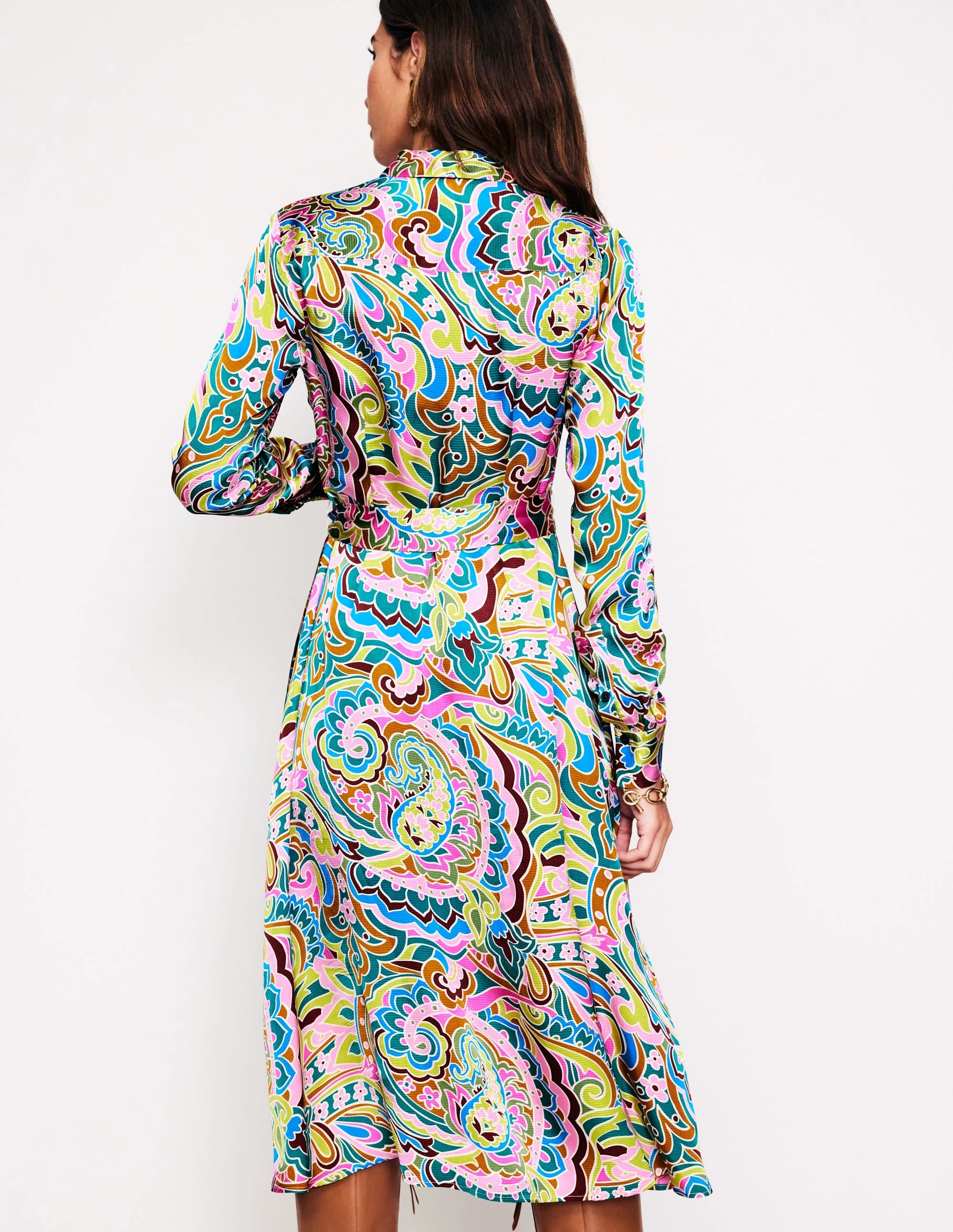 Stylish Appeal Elegant Waistband Kate Satin Shirt Dress-Multi, Paisley Pome