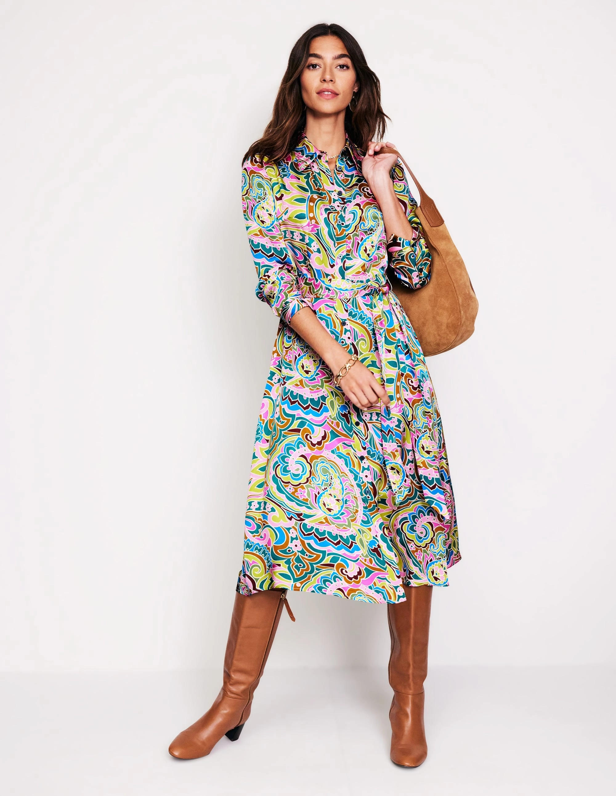 Kate Satin Shirt Dress-Multi, Paisley Pome Chilly Comfort Matte-finish