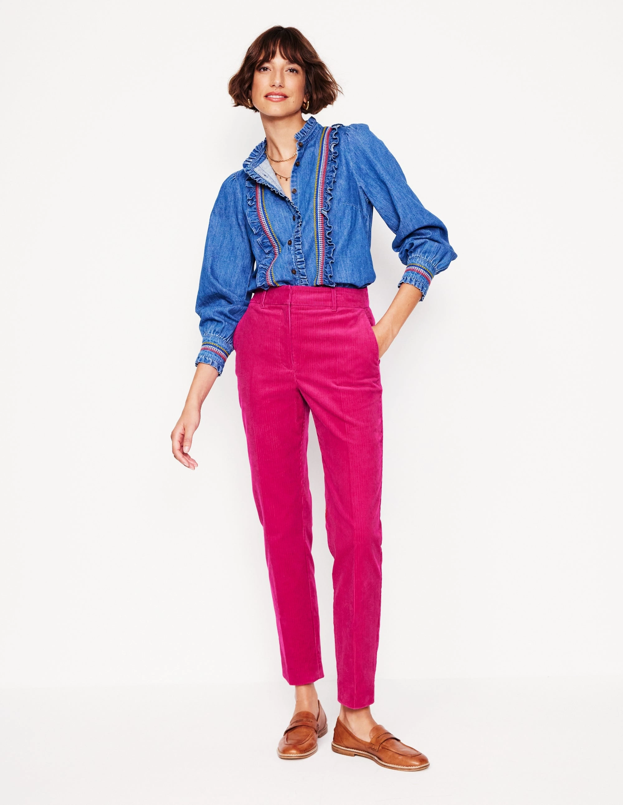 Non Binding Waist Full Coverage Kew Cord Trousers-Cherry Jam
