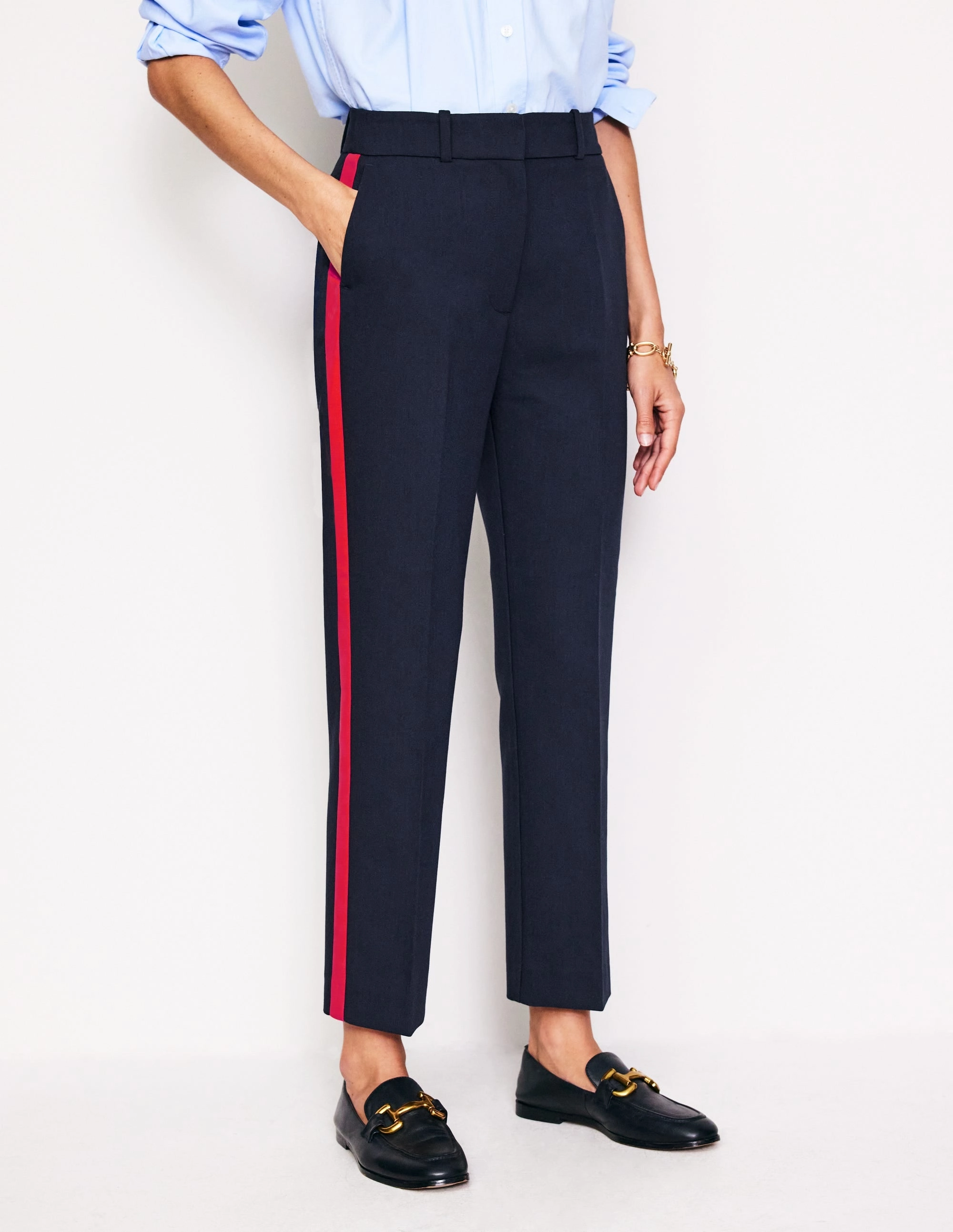 Commuter Fit Comfortable Cut Kew Side Stripe Trousers-Navy, Red Stripe
