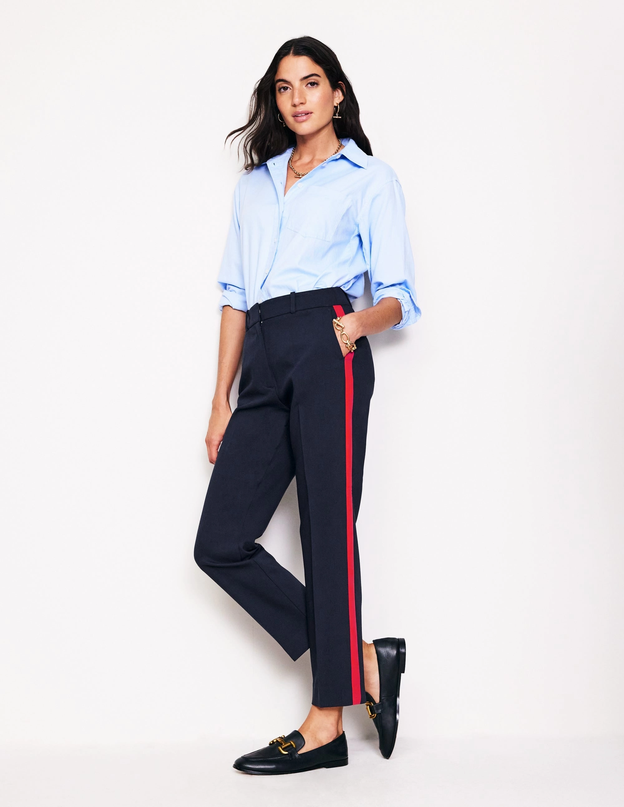 Kew Side Stripe Trousers-Navy, Red Stripe Minimalist Fit