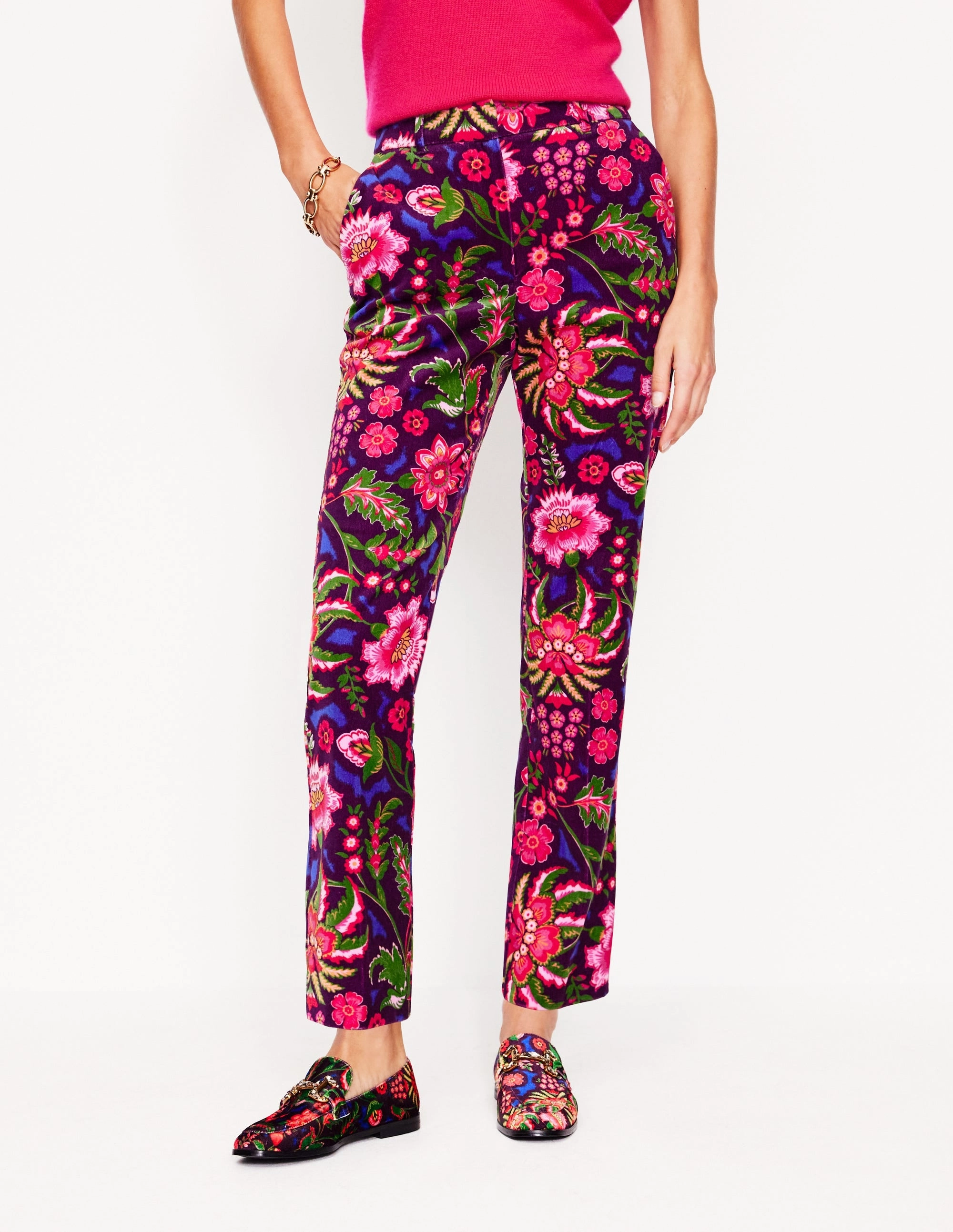 Stretch Ready Kew Velvet Trousers-Multi, Blossom Flourish