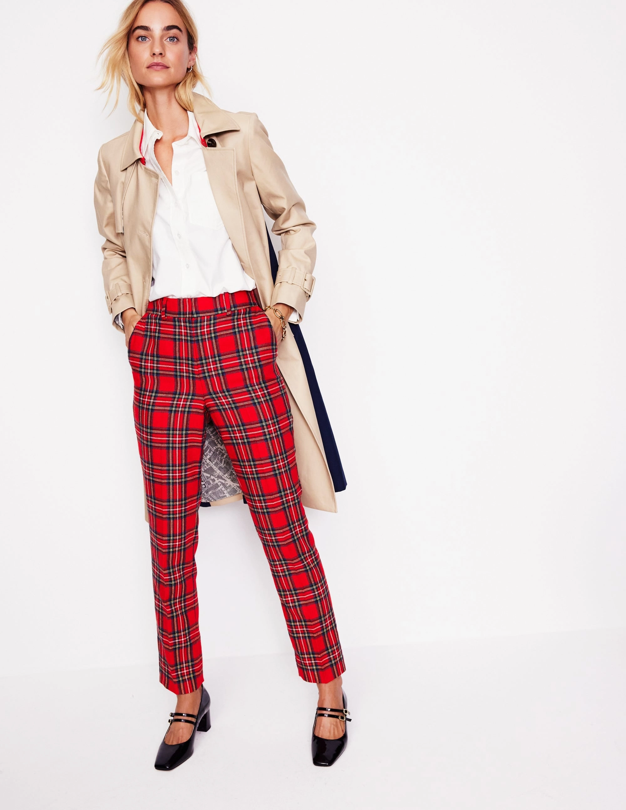 Soft Comfort Flattering Comfort Kew Wool Blend Trousers-Red and Blue Check