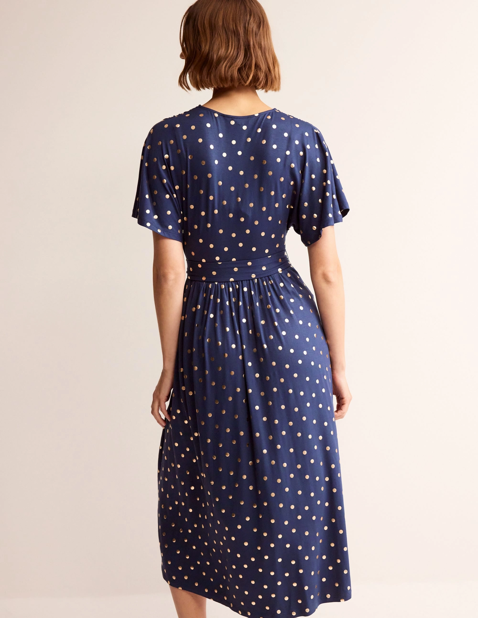 Kimono Wrap Jersey Midi Dress-Navy, Scattered Foil Spot Elegant Everyday Underwire-Support