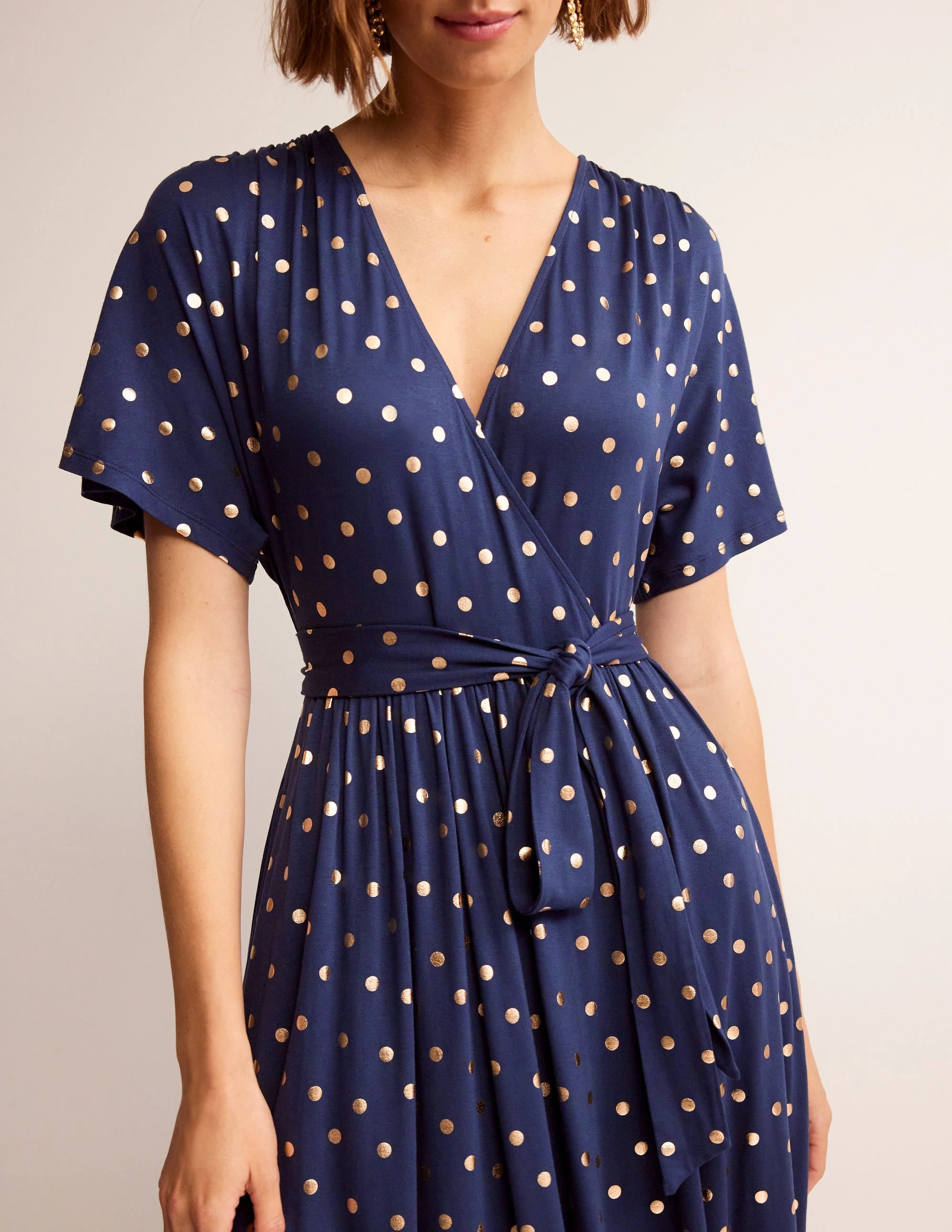 Kimono Wrap Jersey Midi Dress-Navy, Scattered Foil Spot Fall Ready