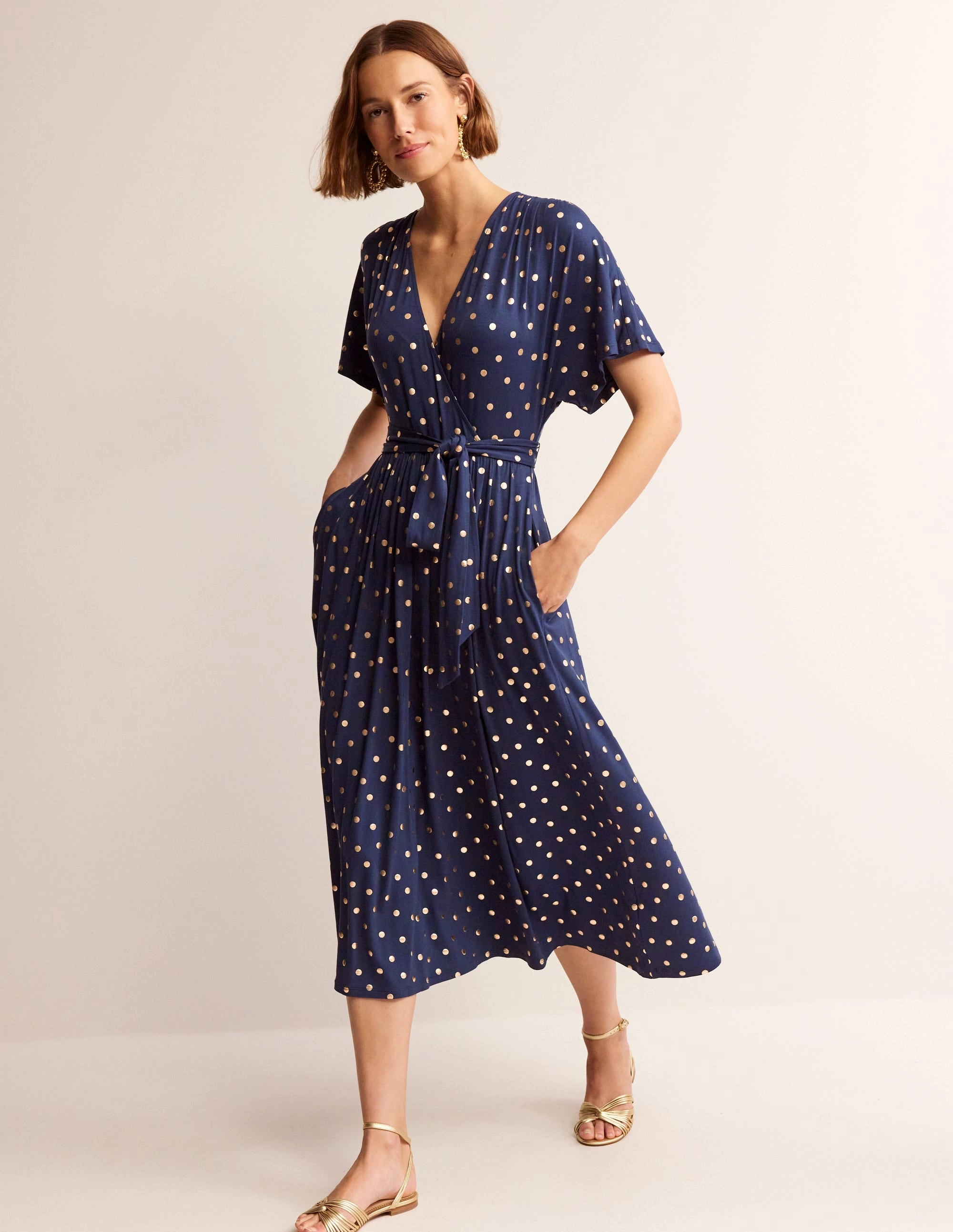 Travel Edge Perfect Look Kimono Wrap Jersey Midi Dress-Navy, Scattered Foil Spot