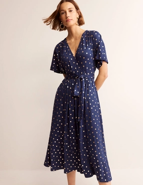 Flattering Cut Breathable Material Kimono Wrap Jersey Midi Dress-Navy, Scattered Foil Spot