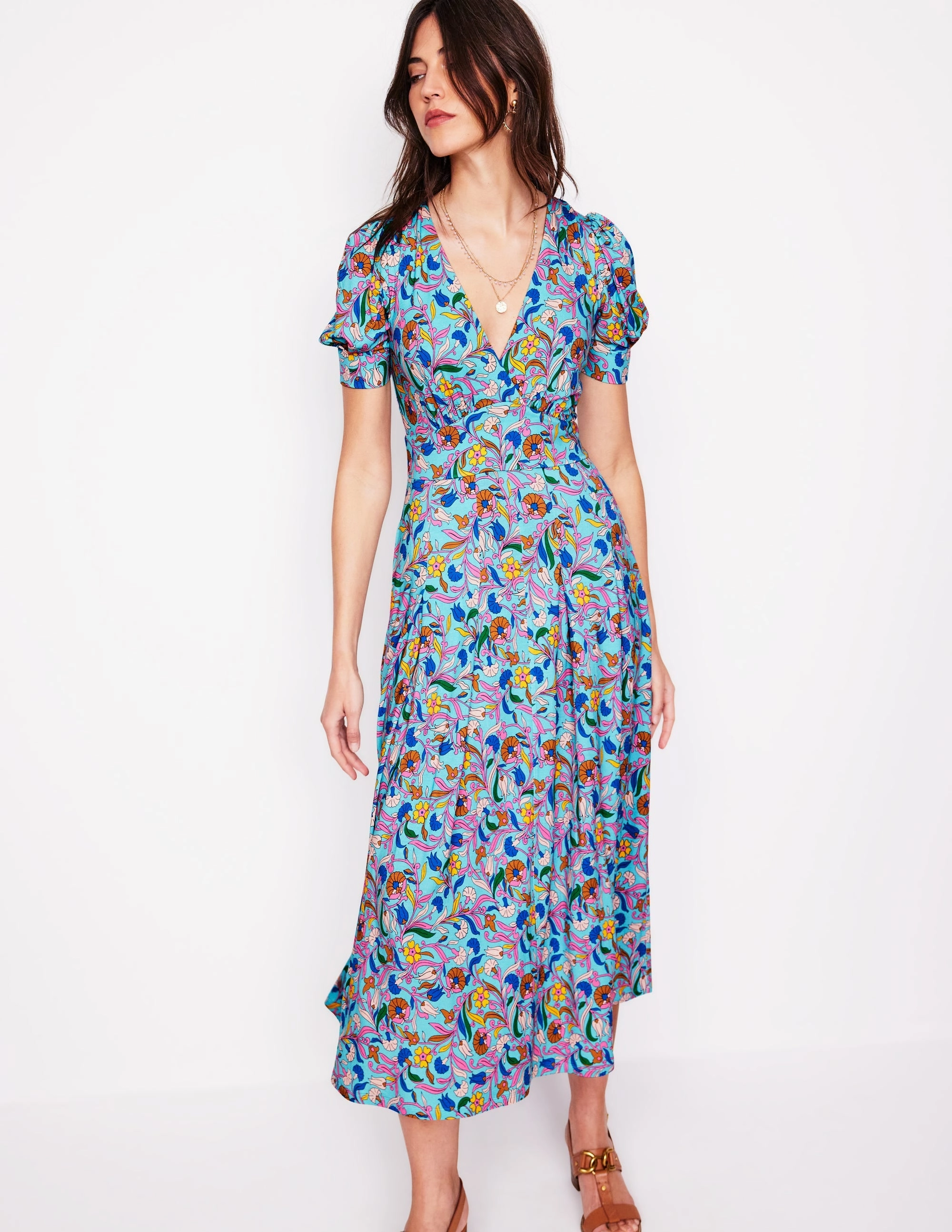 Kristen Pleated Jersey Dress-Blue, Enchanting Vine Feminine Cut