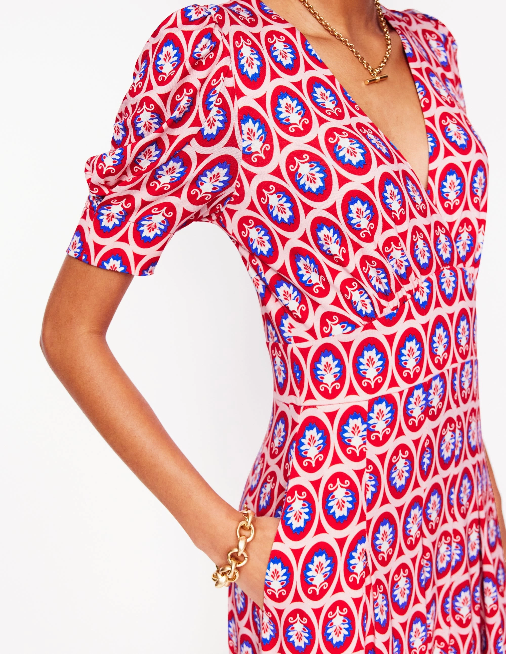 Kristen Pleated Jersey Dress-High Risk Red, Ornate Blossom Color Pop