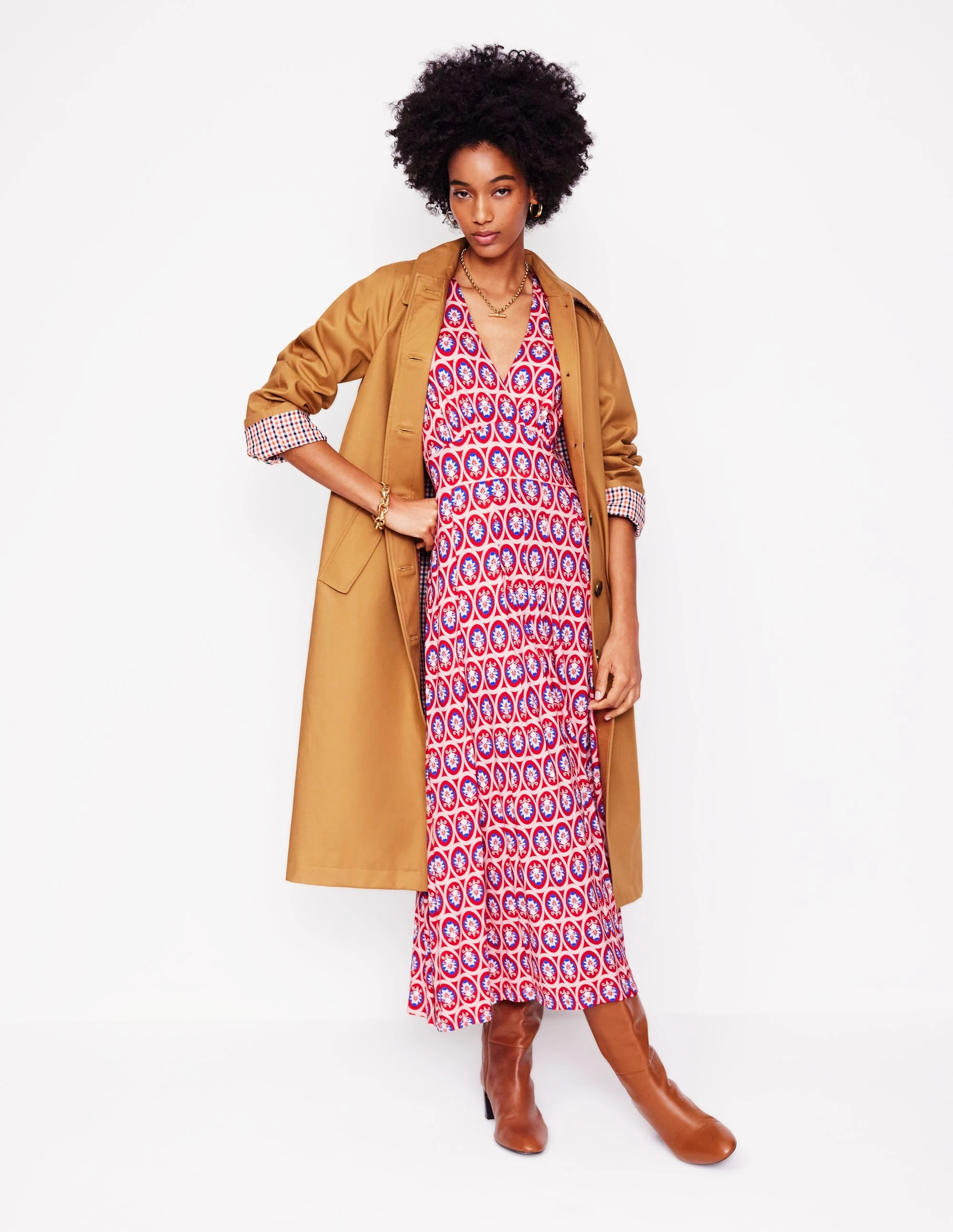 High-waist Kristen Pleated Jersey Dress-High Risk Red, Ornate Blossom