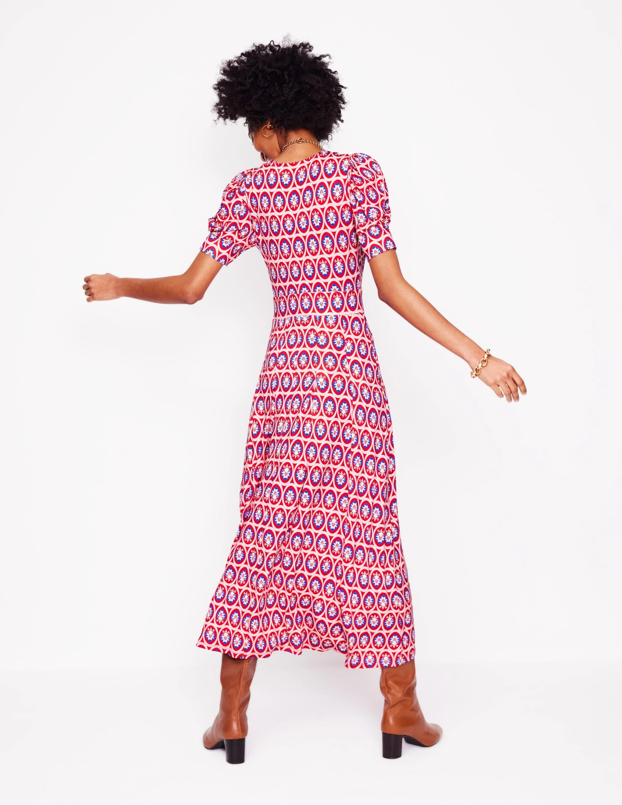 Button-front Kristen Pleated Jersey Dress-High Risk Red, Ornate Blossom