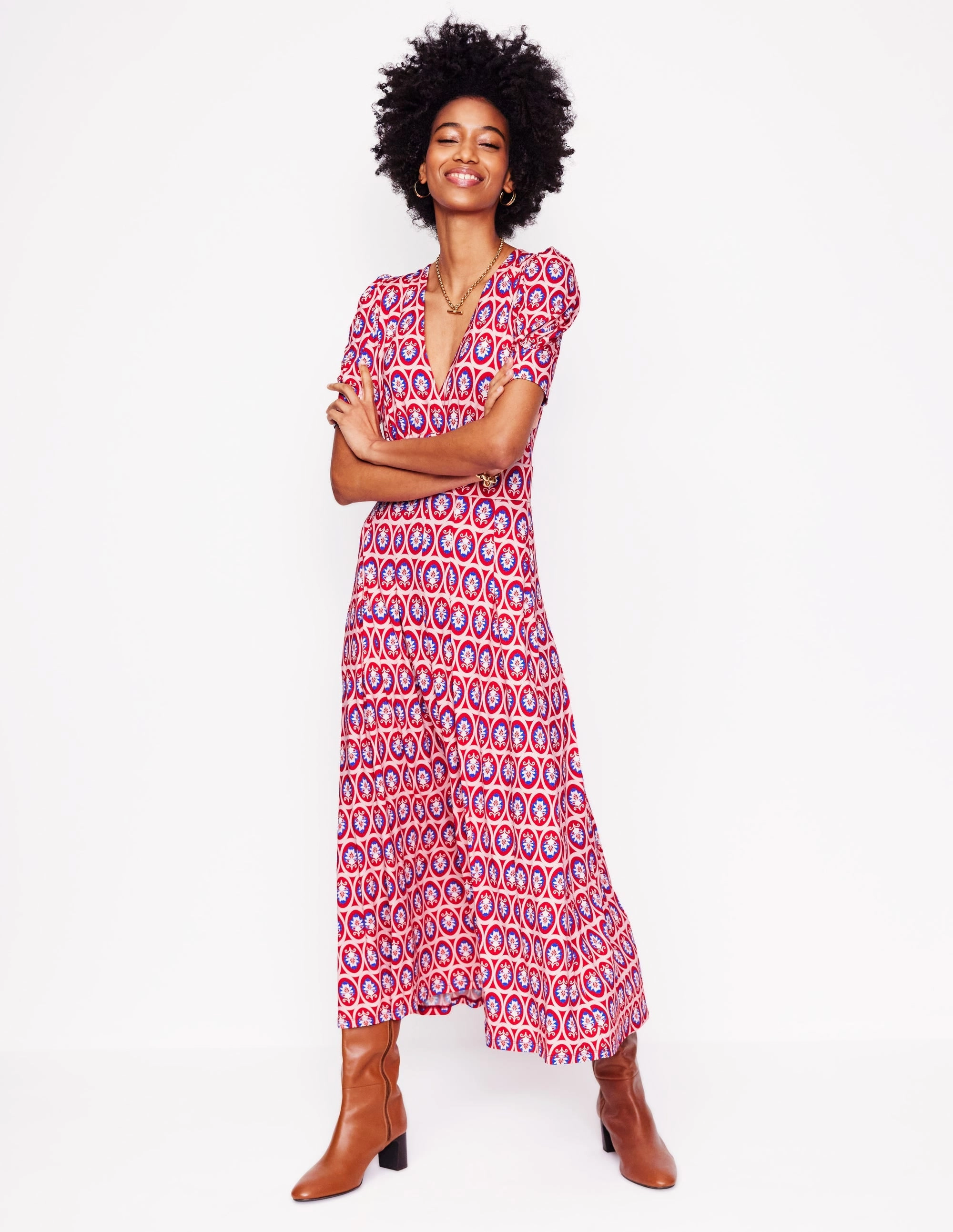 Fresh Texture Versatile Layer Wear Kristen Pleated Jersey Dress-High Risk Red, Ornate Blossom