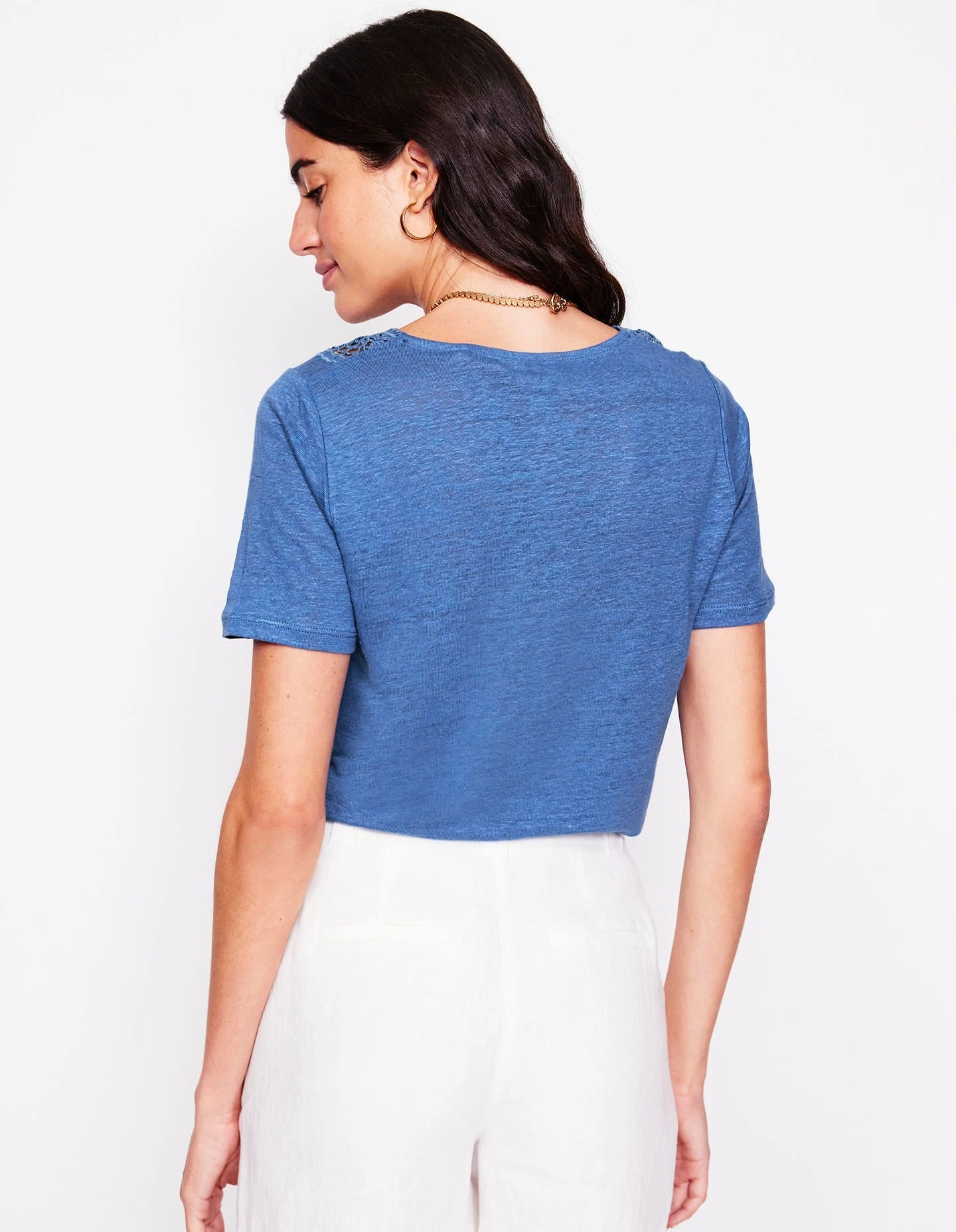 Comfy Touch Casual All-Day Lace Trim Linen T-shirt-Blue River