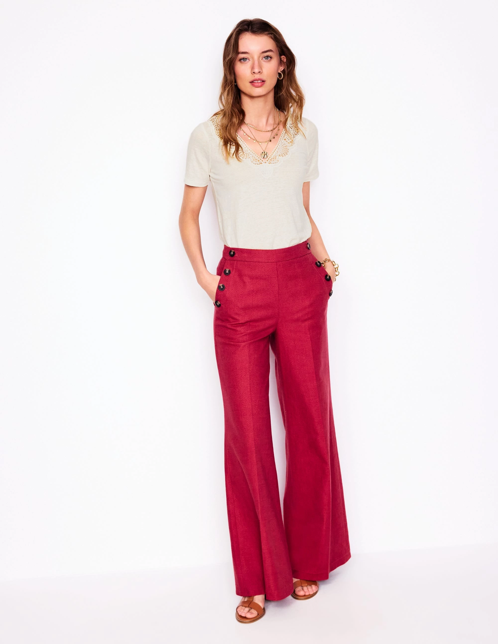 Breathable mesh panel Effortless Wearable Lace Trim Linen T-shirt-Ivory