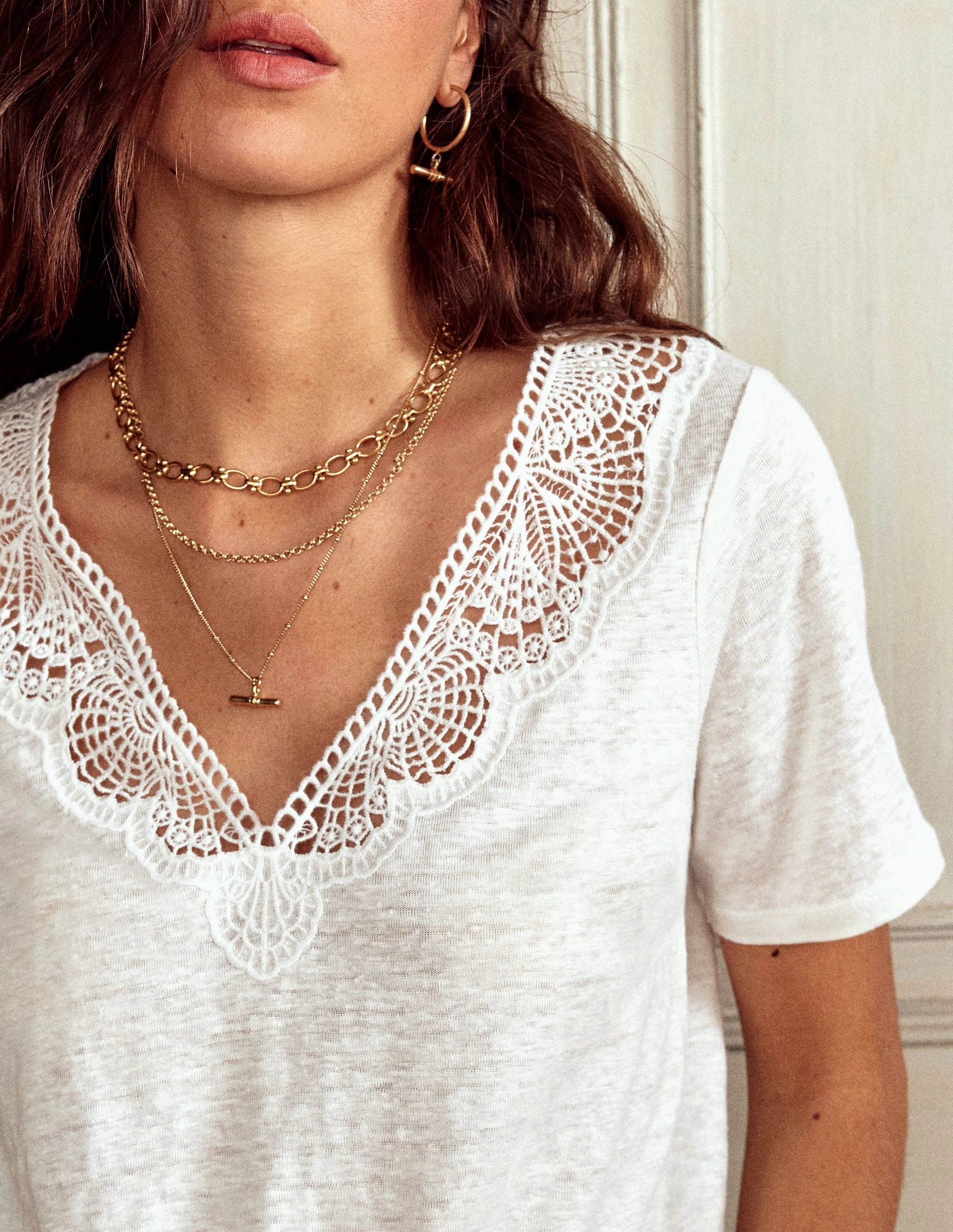 UltraSoftBrushedInterior Lace Trim Linen T-shirt-Ivory